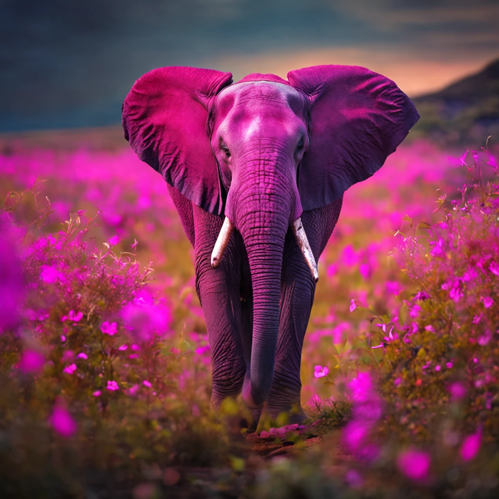 elefante cor de rosa em cima duma montanha com por do sol