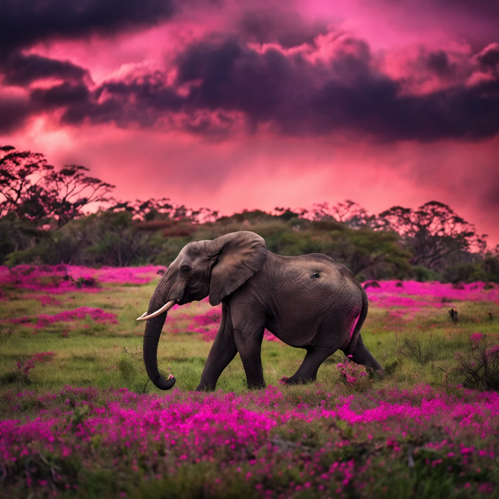 elefante cor de rosa em cima duma montanha com por do sol