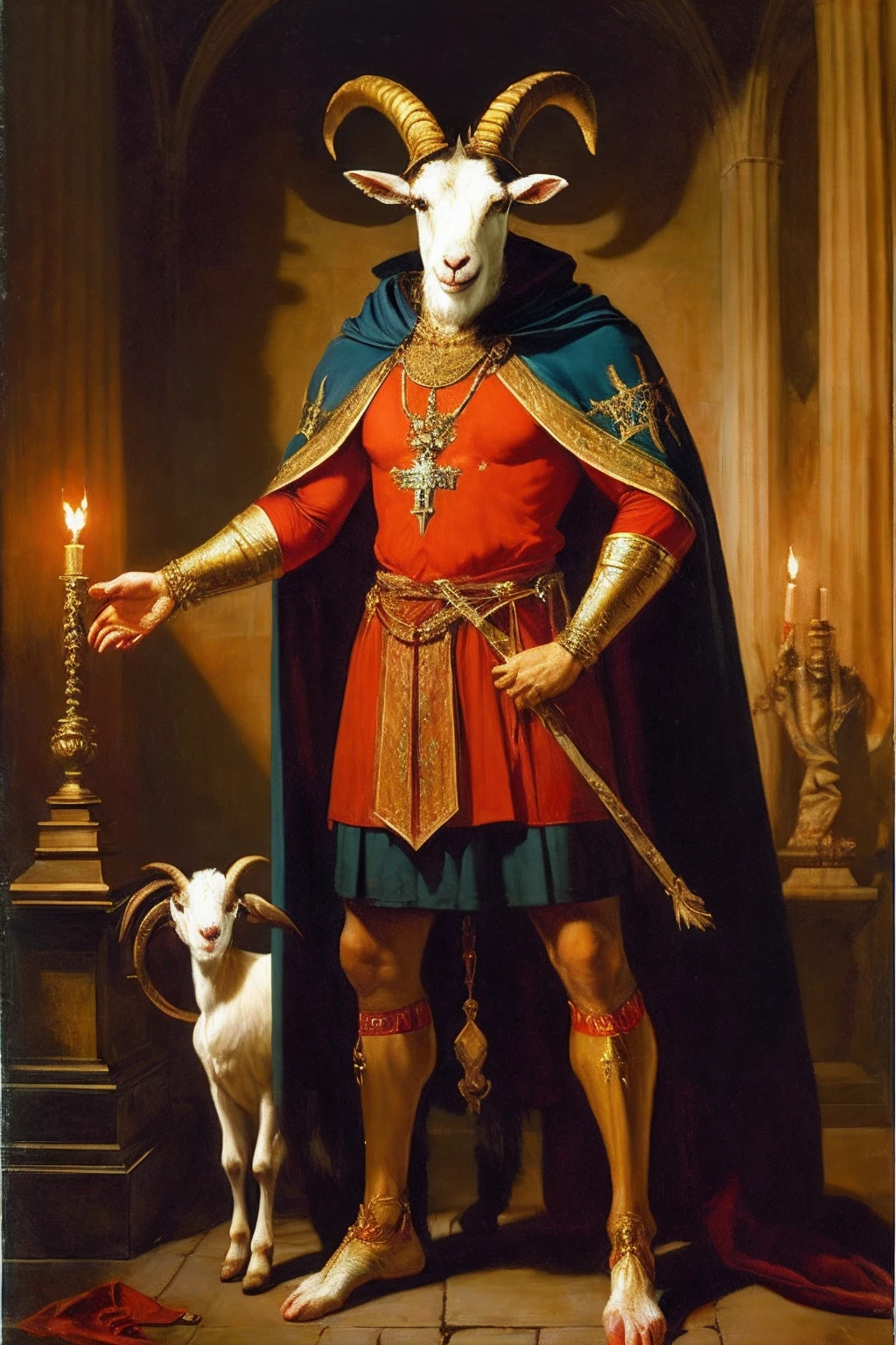 a goat headed demon with big horns, corpo superior forte, peles, pernas de animais, Demonic cloak, standing in a bloody and macabre ritual, medieval, Quarto escuro, luz fraca,
 obra-prima, realista, oil-painting, no fundo um painel escrito em letras bem grande as letras: NCT508, On the neck a large gold necklace with the symbol of Freemasonry.