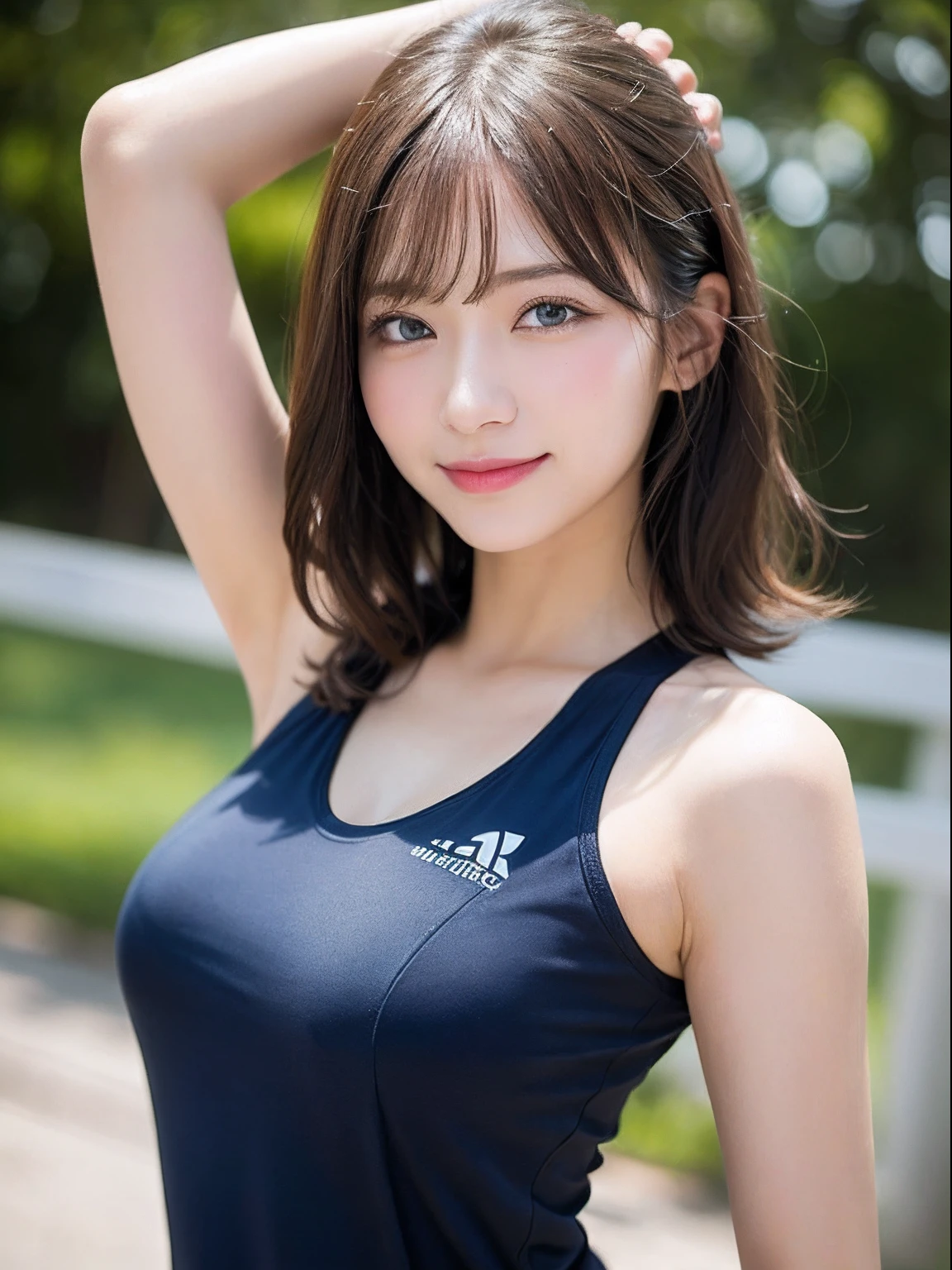 masutepiece, Best Quality, Photorealsitic, finely detail, hight resolution, 8K Wallpapers, Perfect dynamic composition, Beautiful detailed eyes, Medium short wavy hair,gray training wear、Body wet with sweat、Breast bulge、yoga pose、Beautiful armpits、A smile、bokeh feeling、natural、wood floor、25-years old、(Drooping eyes 1.3)、Adult beauty、japanes、extremely detailed fingers