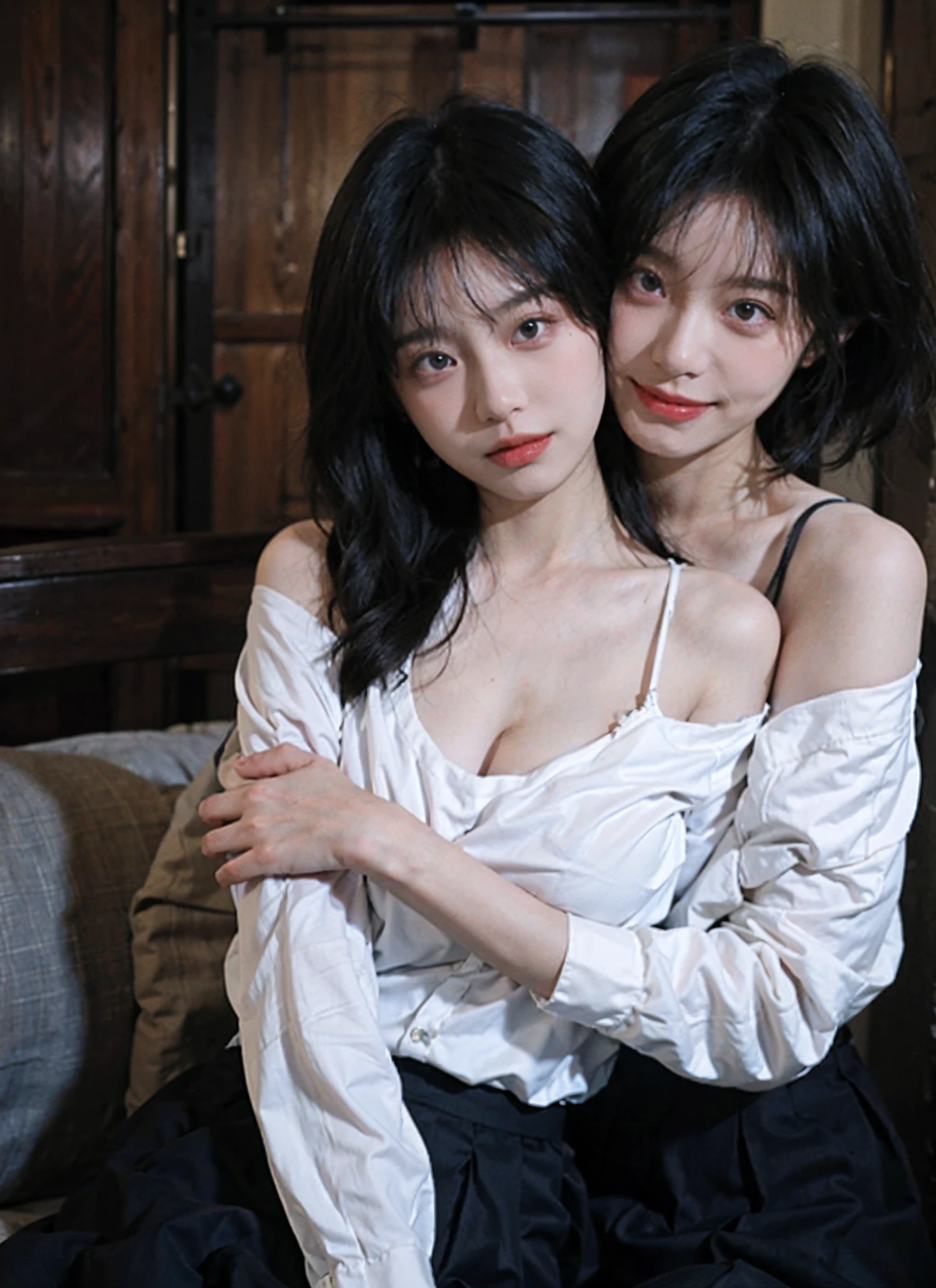 best qualtiy， 超高分辨率， （realisticlying：1.4）， 2 girls， A pair of clear and flexible eyes，Off-shoulder white shirt， The two girls hugged each other，Black tight skirt，  （Faded gray-gray hair：1.4）， （big cleavage breasts：1.2）， looking at viewert， closeup cleavage ，