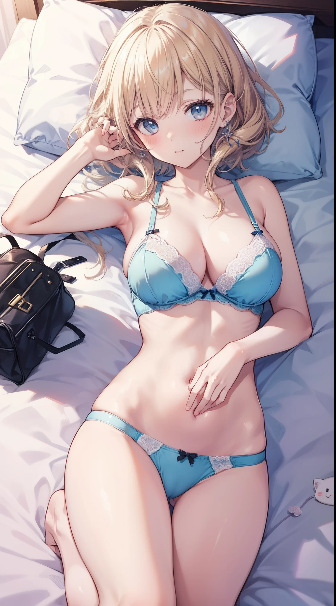 masutepiece、hight resolution、1girl in、in one's underwear only、Light blue lingerie、large full breasts、Lying on your back in bed、Cute anime illustration、