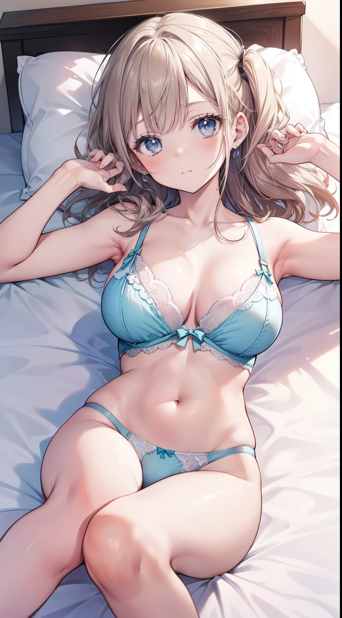 masutepiece、hight resolution、1girl in、in one's underwear only、Light blue lingerie、large full breasts、Lying on your back in bed、Cute anime illustration、