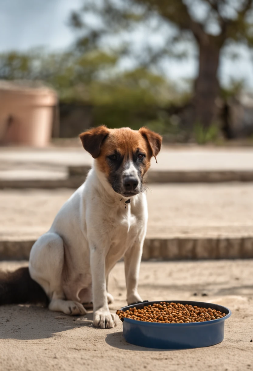 A medium-sized dog, de cor marrom com manchas pretas, is sitting on the floor of a white tiled floor. Ele parece muito feliz, with his tongue sticking out and his tail wagging excitedly. Em frente a ele, There is a blue plastic feed pot, about 20 centimeters in diameter and 10 centimeters in height, containing dry feed, que se derramou um pouco para fora do pote, formando uma pequena pilha. The dog is focused on the pot, clearly demonstrating your excitement at the timing of feeding.