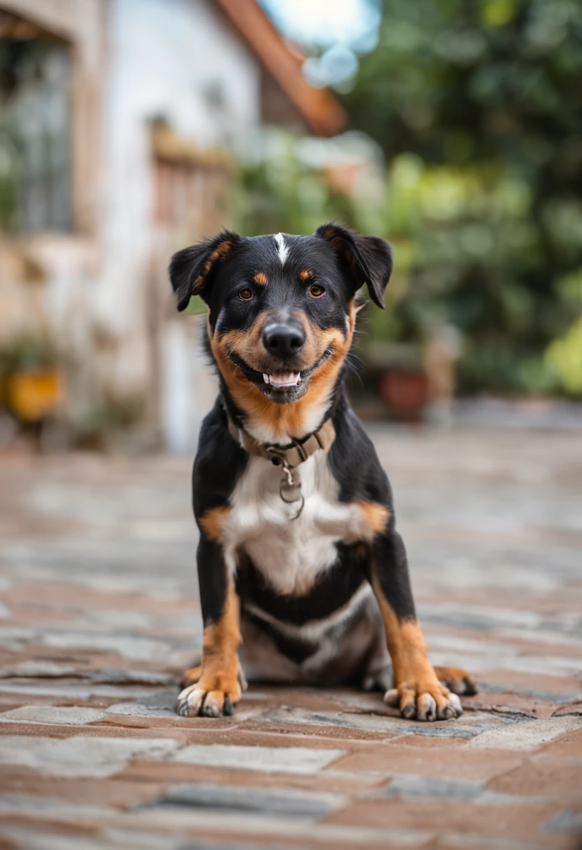 A medium-sized dog, de cor marrom com manchas pretas, is sitting on the floor of a white tiled floor. Ele parece muito feliz, with his tongue sticking out and his tail wagging excitedly. Em frente a ele, There is a blue plastic feed pot, about 20 centimeters in diameter and 10 centimeters in height, containing dry feed, que se derramou um pouco para fora do pote, formando uma pequena pilha. The dog is focused on the pot, clearly demonstrating your excitement at the timing of feeding.