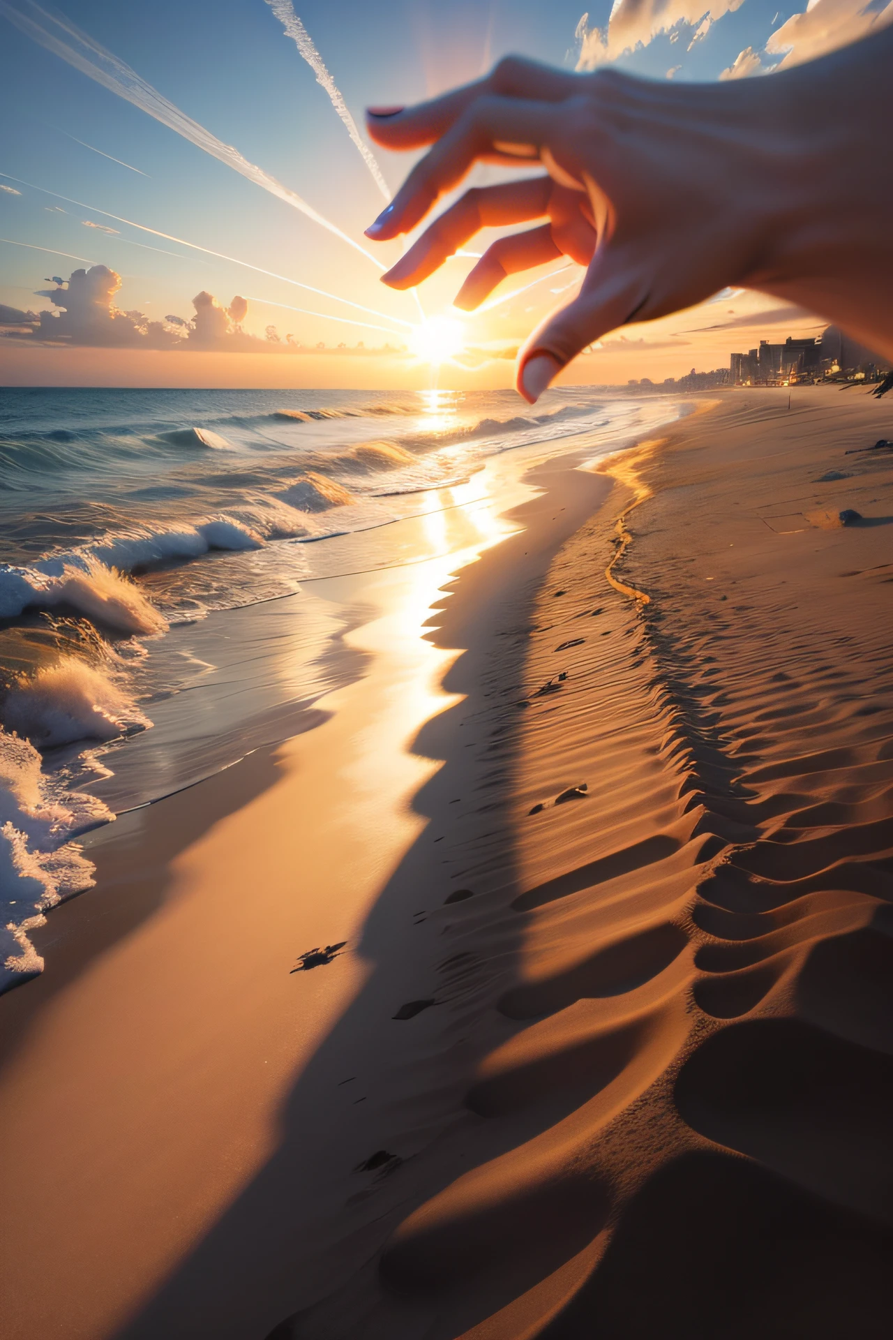 Landscaping with background the sun on the edge of the beach like the hand of God pointing to the beach