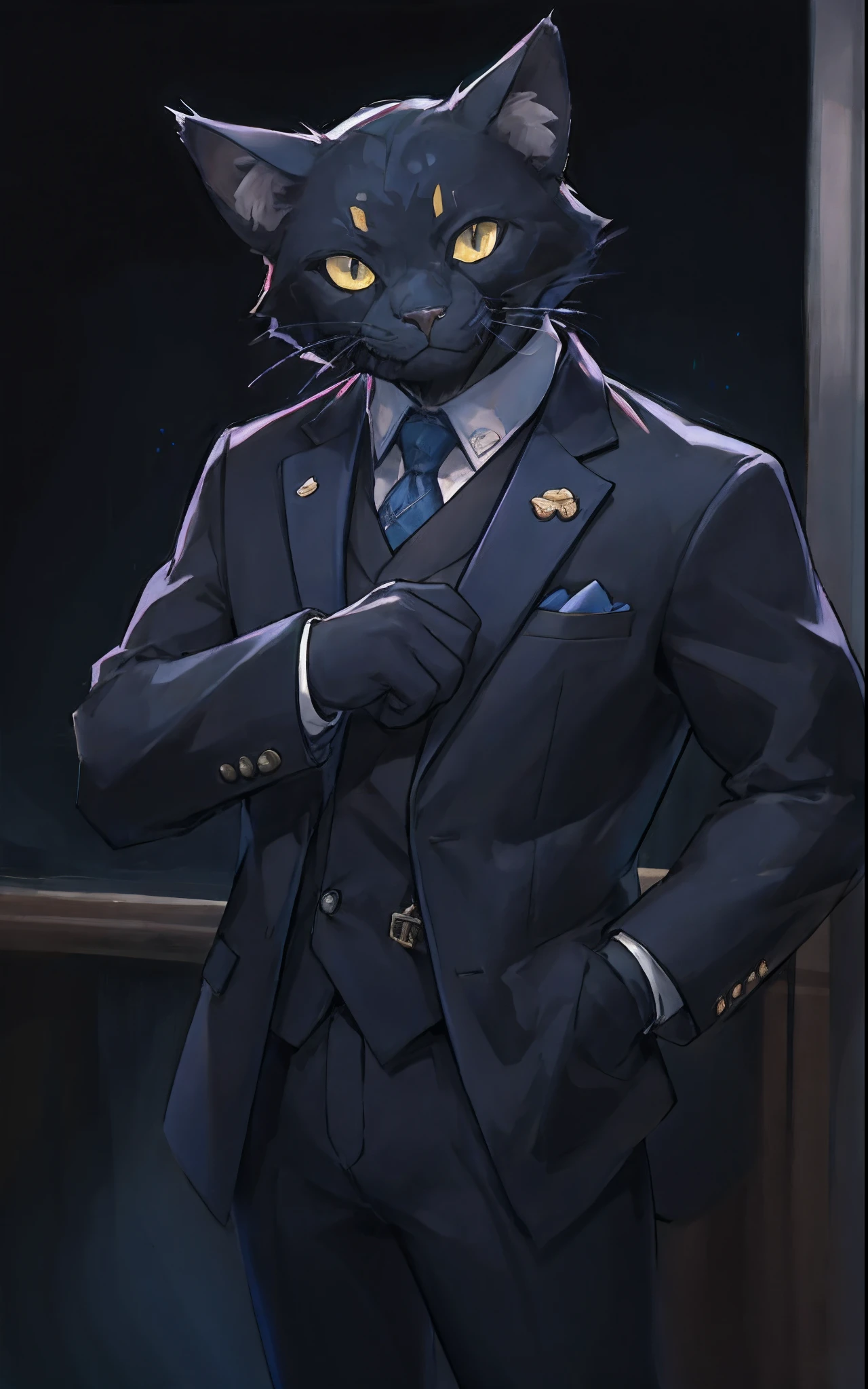 A black cat in a suit and tie is standing in front of the window, He has an open smile, in a strict suit, in a strict suit, Dark suit, in his suit, he is wearing a suit, Wearing a strict business suit, Commission for high resolution, Trending on ArtStation pixiv, In a suit, Dressed in a suit, ((wearing aristocrat robe))