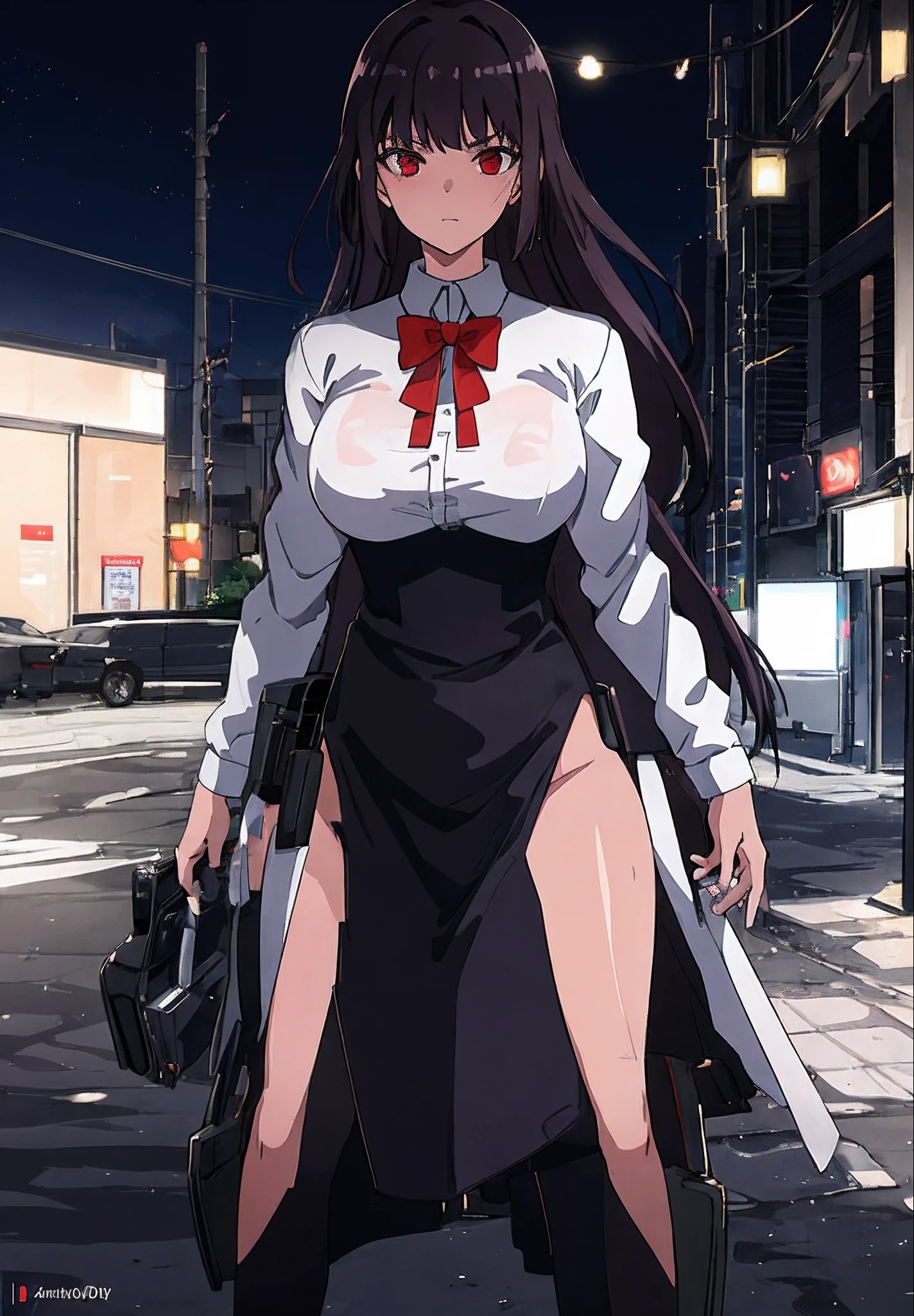 (Dark and lonely city alley), (wearing long-sleeved white shirt, red ribbon on the neck, blue skirt) , 1girl, (upper body), (solo), 25 years old, hdr, solo epic realistic, RAW, analog, (1 person), realistic shadows, ((highly detailed skin, skin details)), sharp focus, 8k UHD, DSLR, high quality, soft cinematic light, adobe lightroom, photolab, hdr, intricate, highly detailed, (hdr:1.4),