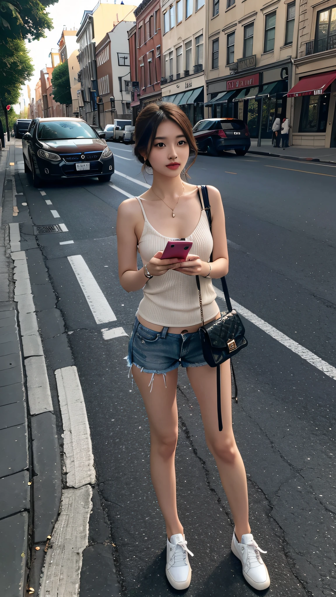 Beautiful woman, fiddling with cell phone in the middle of the street, short clothes