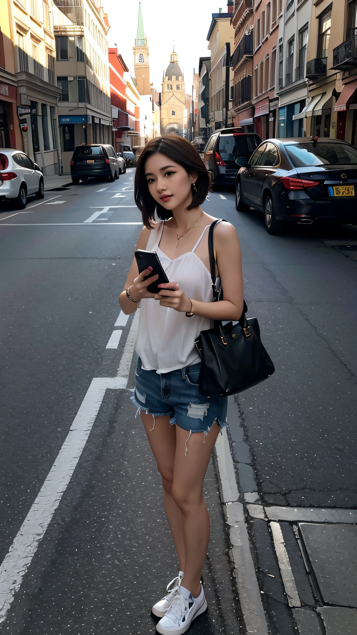 Beautiful woman, fiddling with cell phone in the middle of the street, short clothes