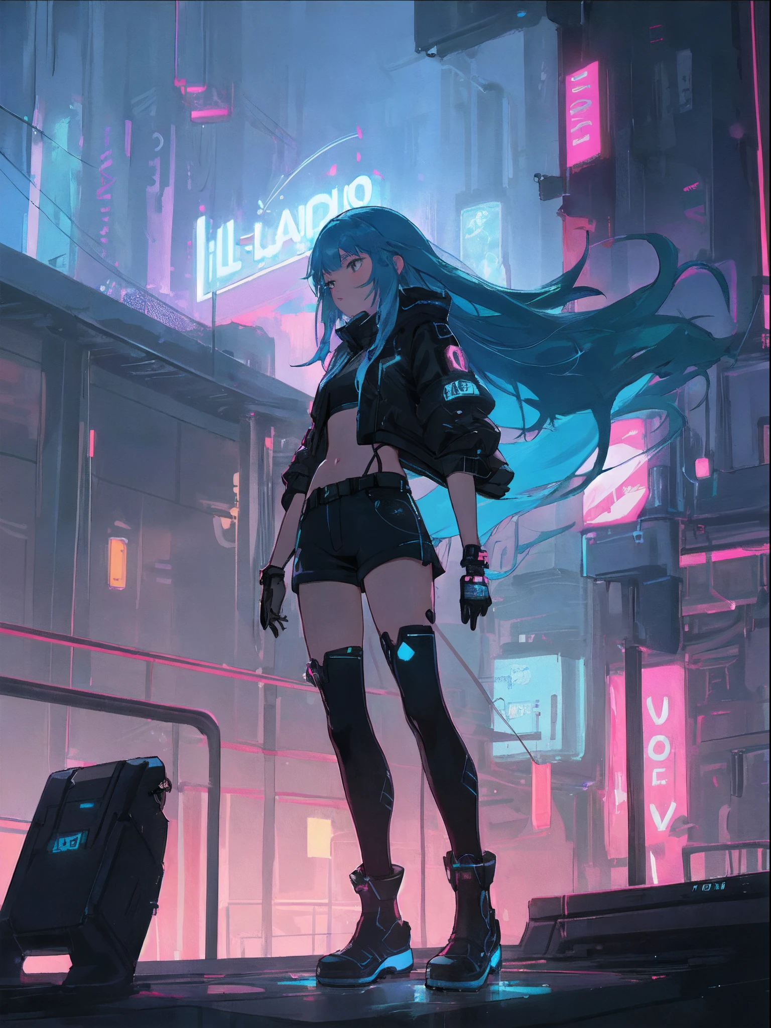 1 girl, whole body, blue hair, long hair, black and blue parker, black boots, shorts, futuristic city, neon light, best quality