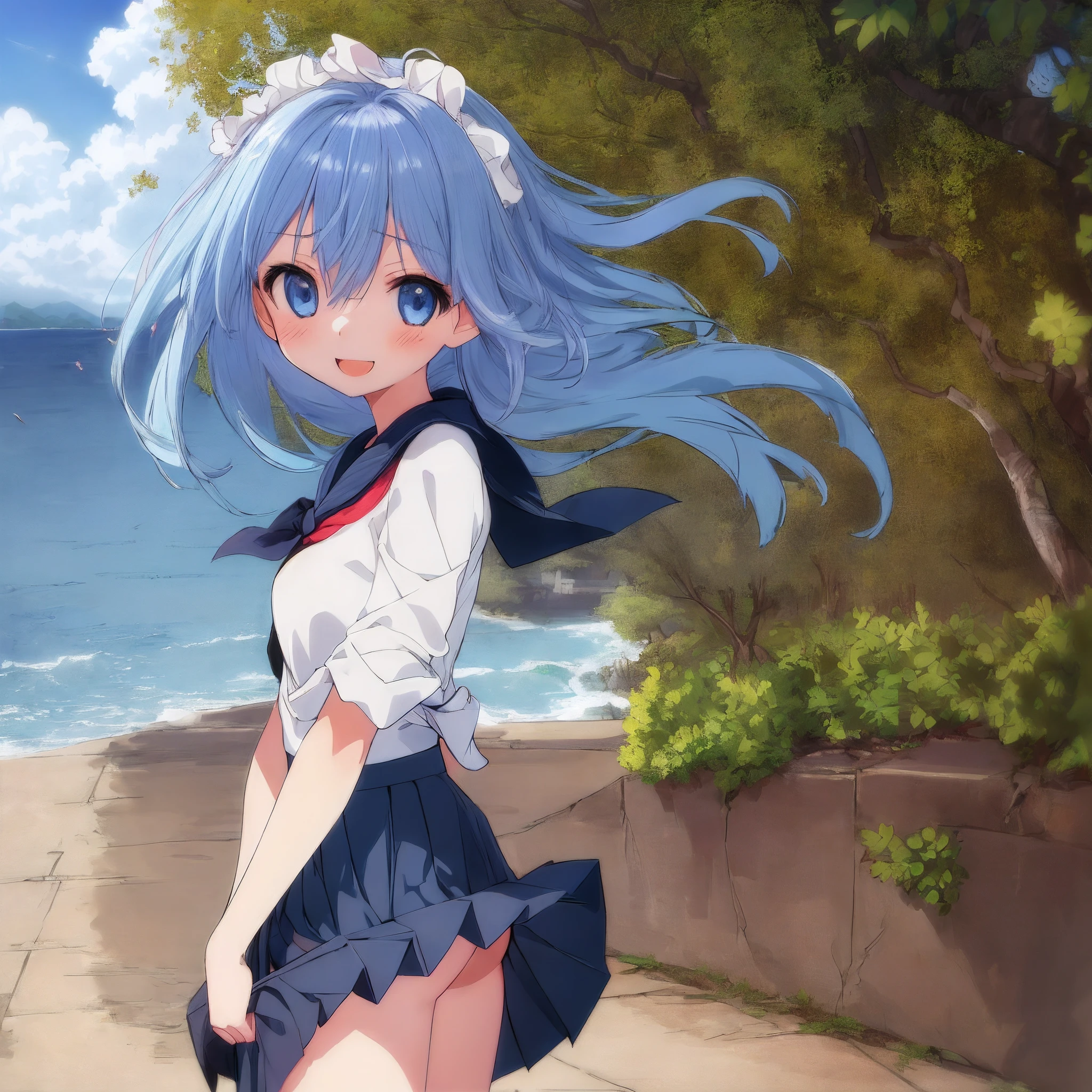 absurderes, hight resolution, (Anime style:1.1), ((masutepiece)), ((Best Quality)), (Ultra-detailed), (Beautiful), (1girl in:1.3)、(独奏), Beautiful face、(liftup),Cute little girl standing on detailed beautiful Mediterranean cityscape,Wind,Light blue hair, Blue eyes,Casual clothing,Blue sky,Laugh,Looking at Viewer,Lens Flare,Dramatic,(low angles:1.2)、A smile、closing eye、Opening Mouth、(No panties:1.3)、(Skirt twisted by the wind:1.5)