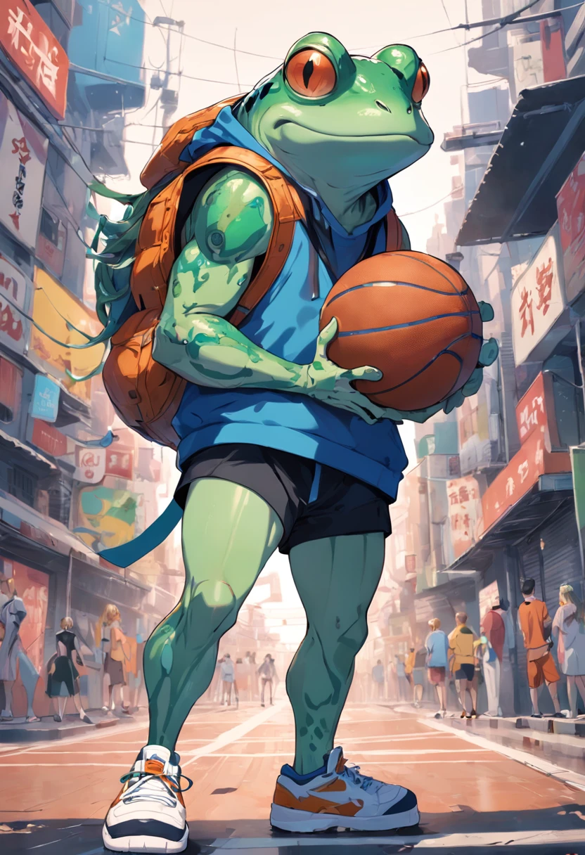 ((foto crua)), ((obra-prima)), Anthropomorphic humanoid frog wearing basketball clothes, basketball tennis, capuz, Pants, caminhando furiosamente entre as pessoas, detalhe intrincado, intricate Greebles pieces, city behind, corpo musculoso, muscular arms, small head, Ogro monstruoso, Titan, sneaker, soft-lighting, 32k, Hiper realista, The background details are exquisite,The scene is surreal,Create a charming graphic style