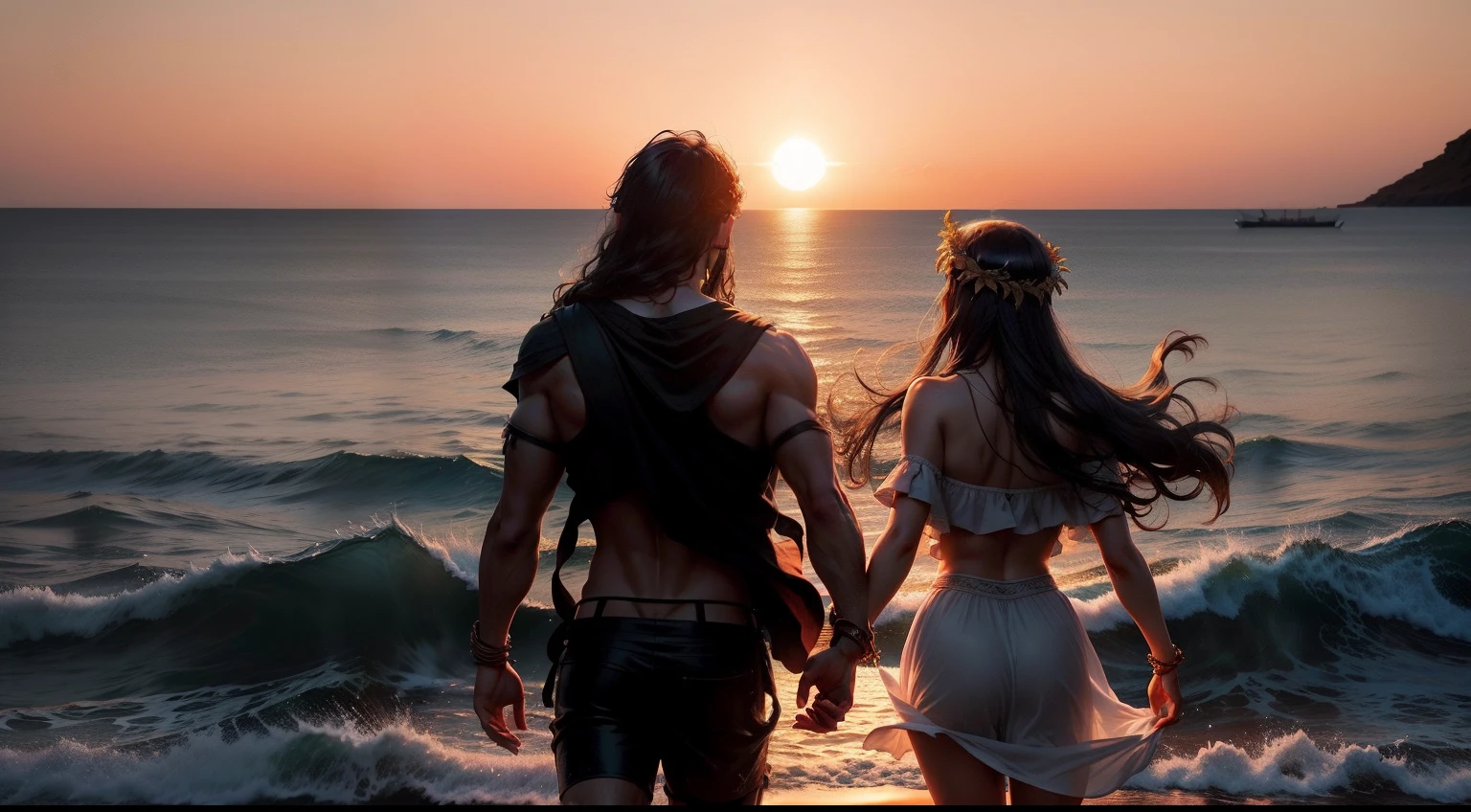 The sun sets on the horizon as Theseus and Ariadne sail away from Crete, the last of the young men and maidens to escape the Minotaur's wrath.