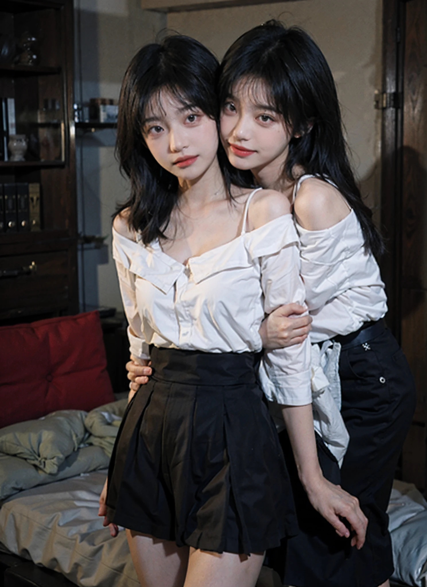 absurdres, RAW photo, extremely delicate and beautiful, masterpiece, Best Quality, ultra high resolution, 32k, hyperrealistic, ultra-detailed, perfect figure, Perfect Style, Perfect balance, in her 20s, very small head, very small face, delicate facial features, tearful mole, earring, very huge breasts, legs, full body shot, medium hair, black hair, school_uniform, shirt, skirt, tie,