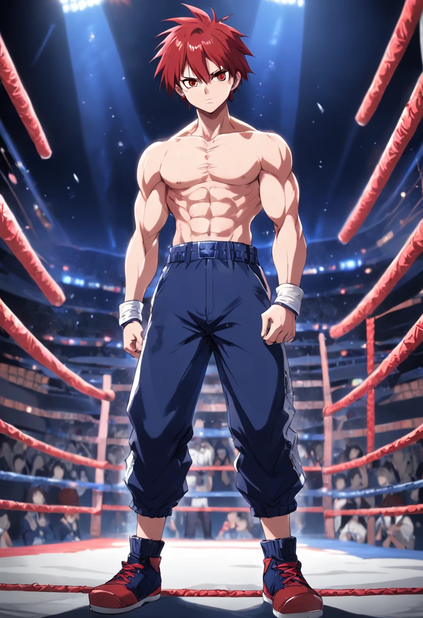 a very handsome male wrestler, short spiky red hair, with a headband, red eyes, wearing a white t-shirt, dark blue baggy pants, leather gloves,