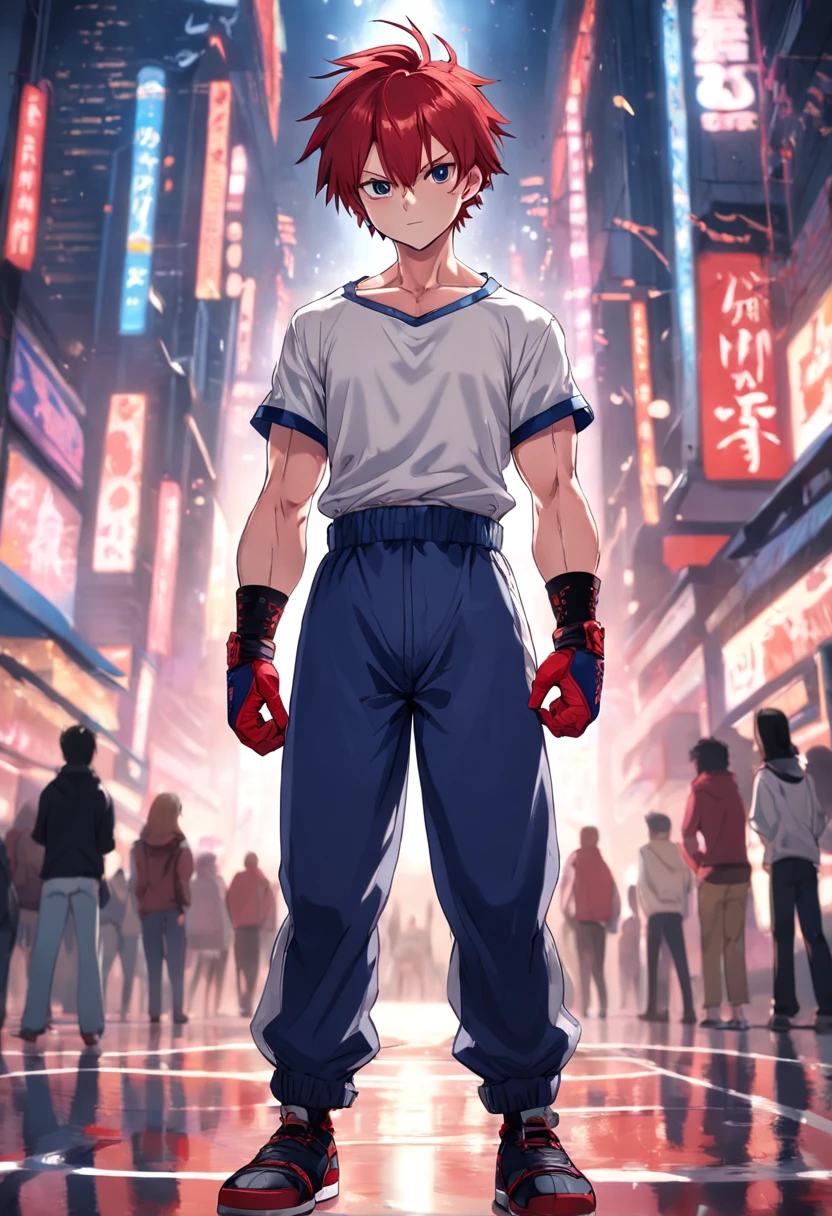 a very handsome male wrestler, short spiky red hair, with a headband, red eyes, wearing a white t-shirt, dark blue baggy pants, leather gloves,