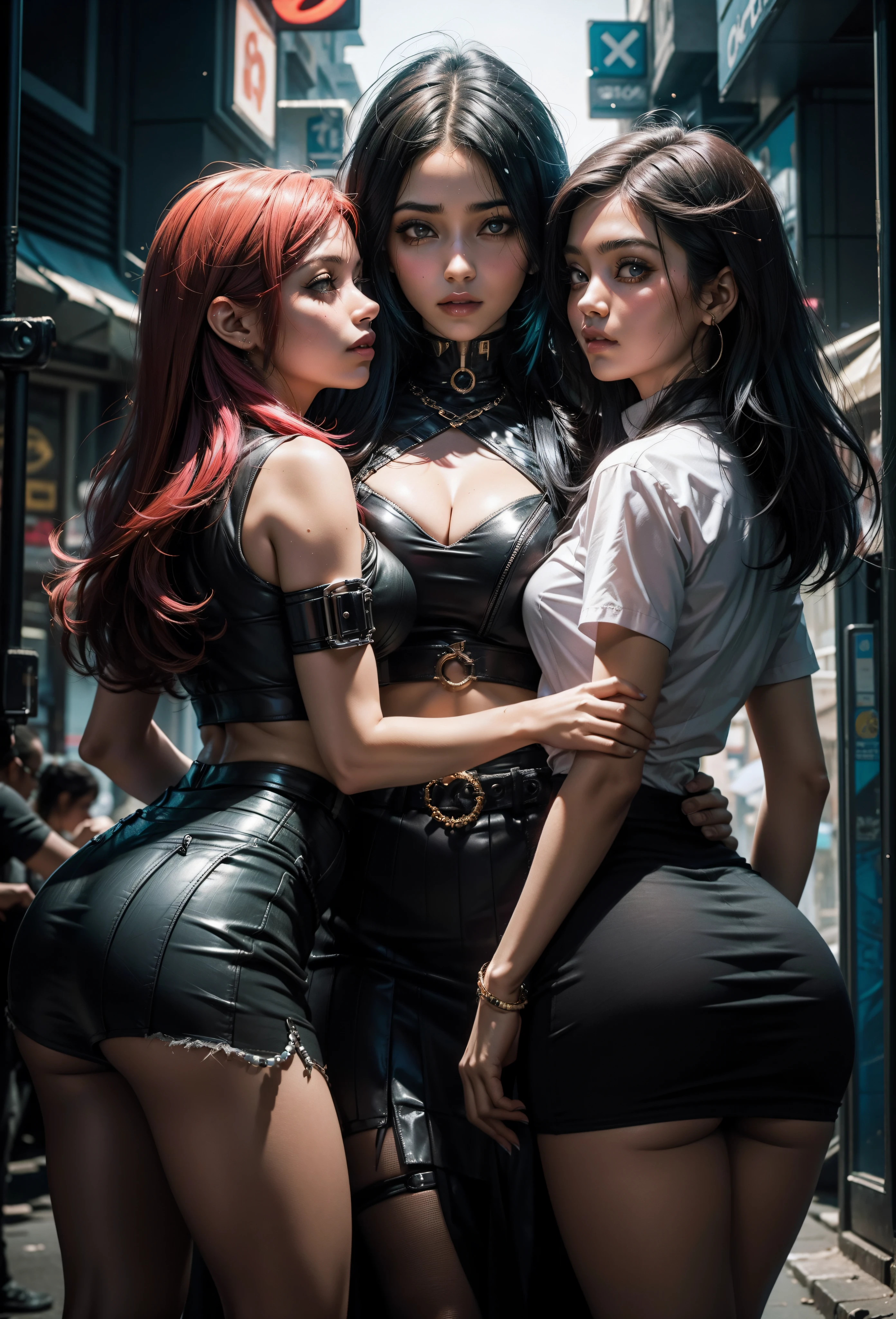 Three women, Uma loira, a outra ruiva, and the other Egyptian short skirt,em uma cidade neon estilo cyberpunk