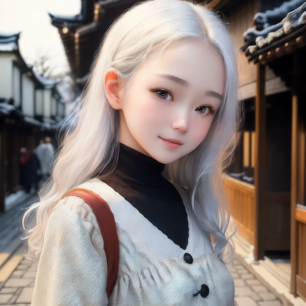 (((top-quality))),(((ultra-detailliert))),​masterpiece,(((realisitic))),(((Photo Real))),Russians、１Man Woman、Beautiful silver hair、Natural light、smooth lips、small nose、((no-makeup))、(((Cute beautiful perfect face at 18 years old)))、tiny chest、Cute poses 、(kindly smile)、((Detailed face)), ((Detailed upper body)), (finely detailed skin), pale skin,(cold color)、(Best Quality) ,camp、Big trees、((blured background))