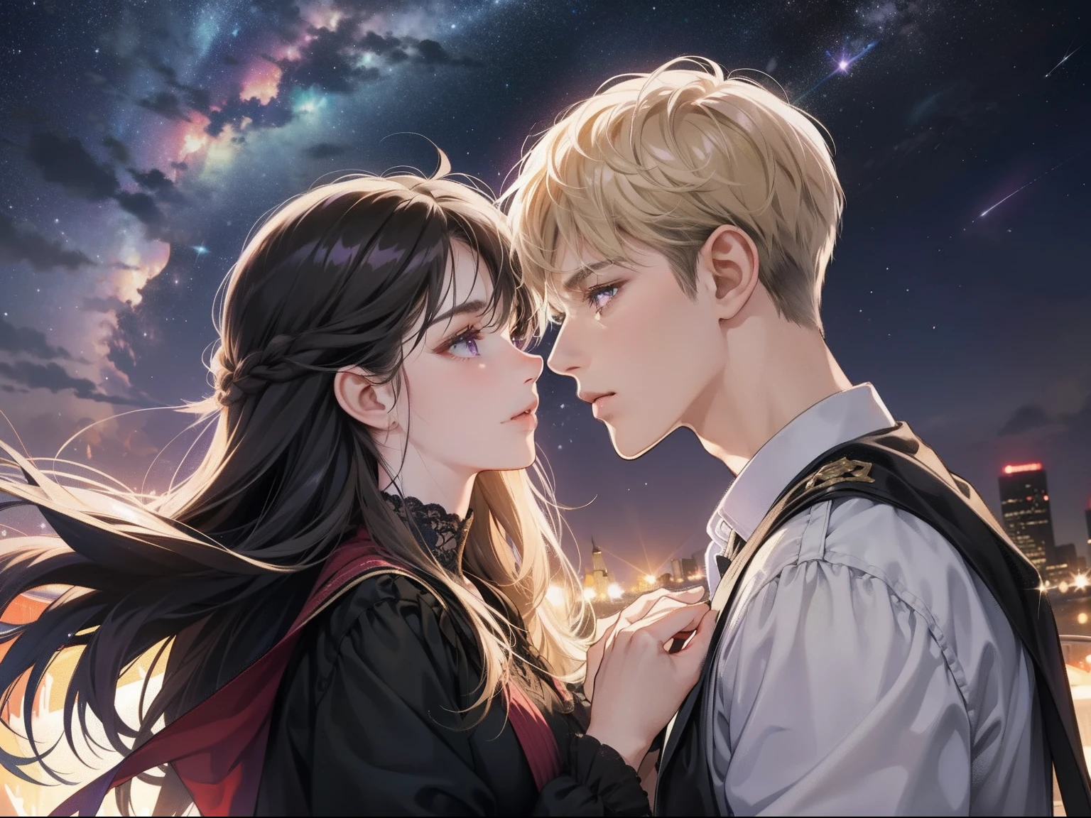 Happy couple, 1 girl 1 boy, different hair color, long black hair and purple eyes, short blonde hair and green eyes, face to face, romantic, outdoor, under the starry sky, night, playing, mouth opens, talking, 25 years old