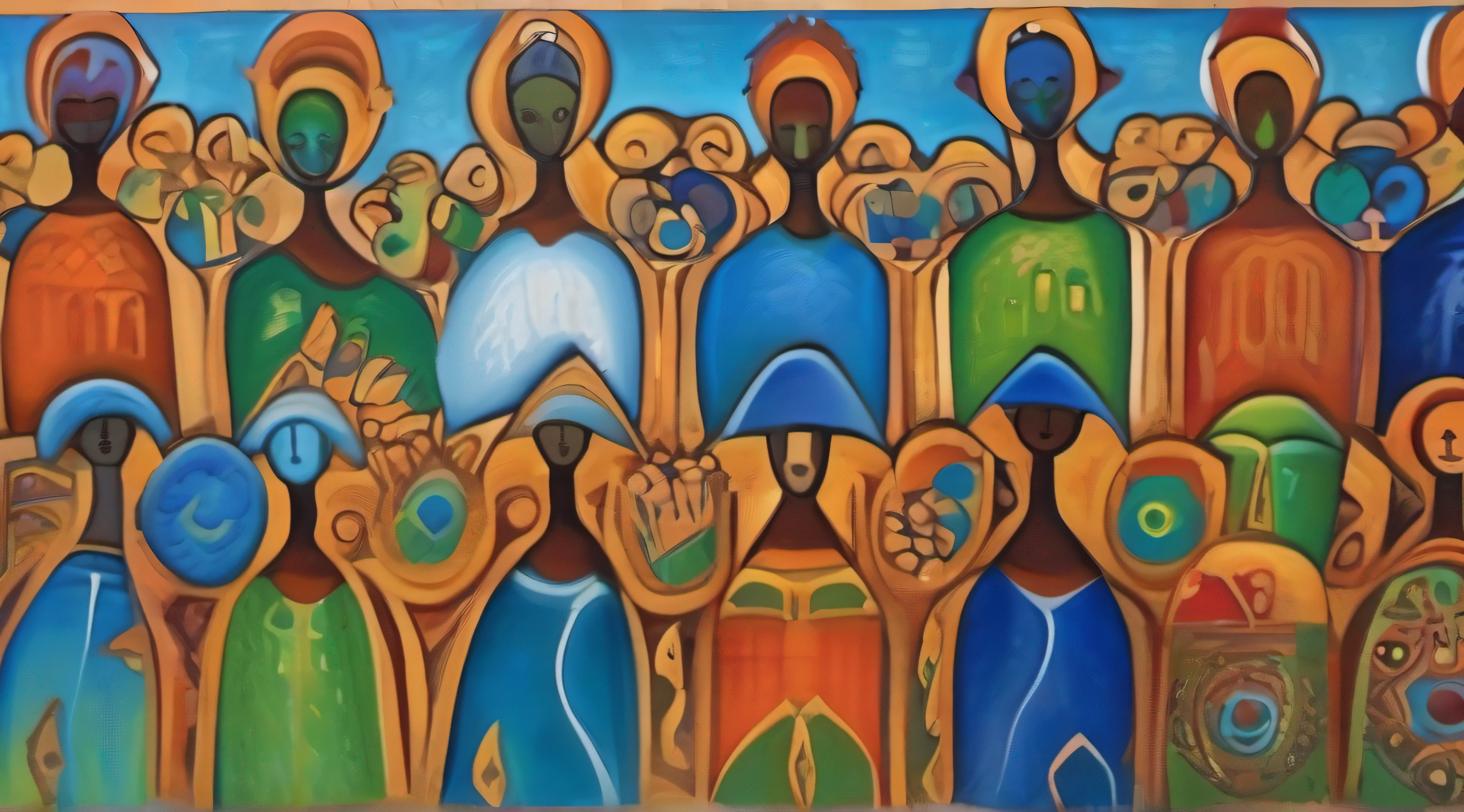The painting would depict a group of people holding hands, marchando juntas. As cores seriam suaves e acolhedoras, with shades of blue and green to represent hope and emotional growth. People's facial expressions would be one of determination and mutual support.

No centro do quadro, haveria um ponto focal, como uma flor desabrochando, simbolizando a ideia de que, mesmo na tristeza, There is room for growth and connection. O fundo teria elementos sombrios para representar a adversidade, But those shadows would be softened by the light of hope.

Cores: Tons de azul, green and soft to represent hope and unity.
Estilo de arte: Expressivo, com destaque para a solidariedade.
EMOTION: Solidariedade, mutual support.
