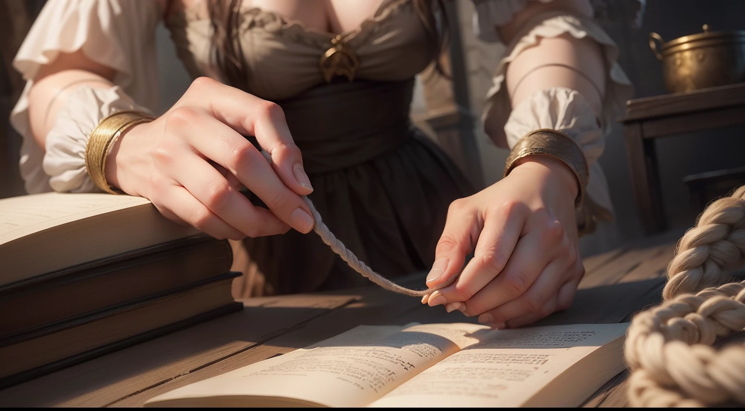 A close-up of Ariadne's hands, carefully winding the yarn around her fingers as she prepares to help Theseus find his way out.