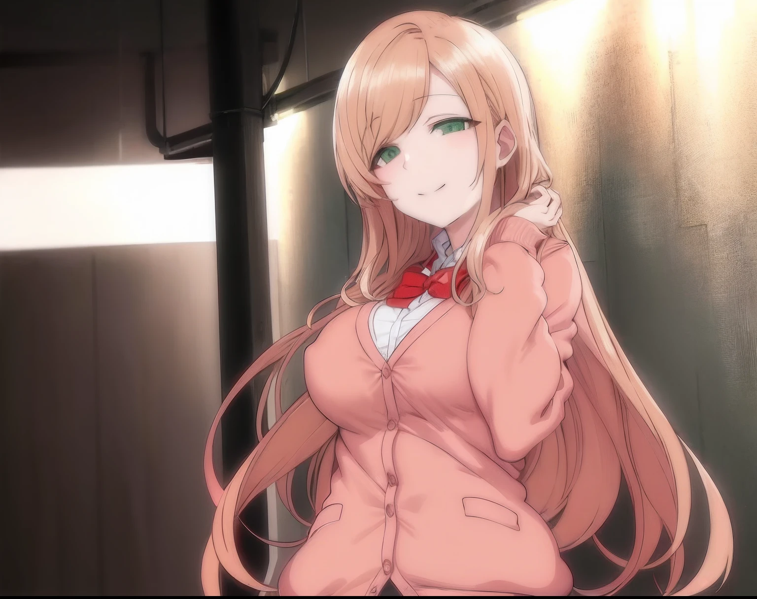 sanada_minakov, blonde hair, long hair, pink cardigan, dark and lonely city alley background, green eyes, (large breasts), smiling, masterpiece, best quality