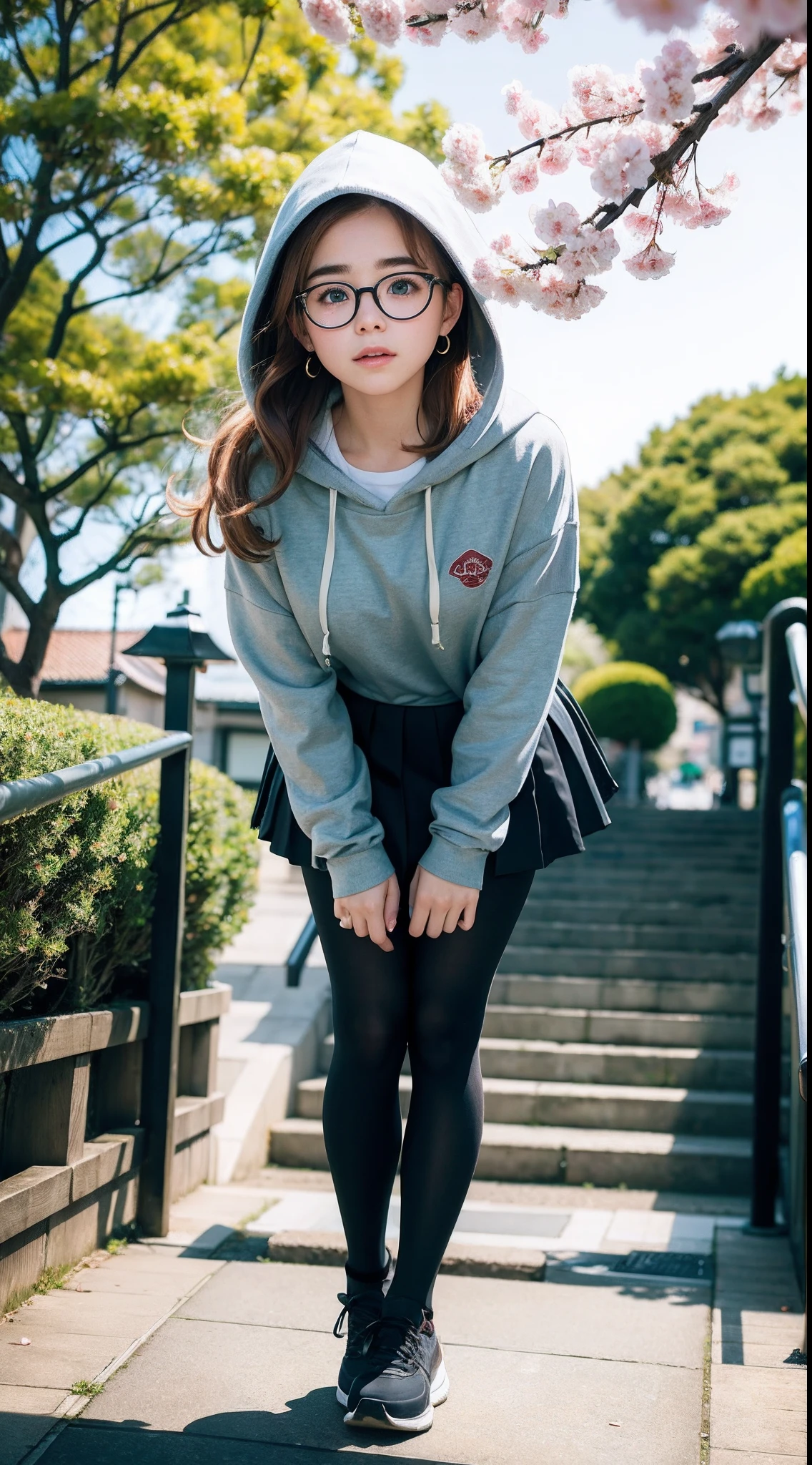 Beautiful young Kiernan Shipka, very realistic detailed face, , very fair skin, glasses, large earrings, hooded top, pleated skirt, dark leggings, morning sun, hyperrealistic, model body, small breasts, long hair, wavy hair, red hair tips, long legs, 8k, 超High resolution, best quality, city in Japan, Tokyo, RAW portrait, photorealistic, cherry blossom, ambient lighting, detailed shadows, camera focus on genitalia, leaning forward, strong wind, fog, on the stairs, low camera facing up