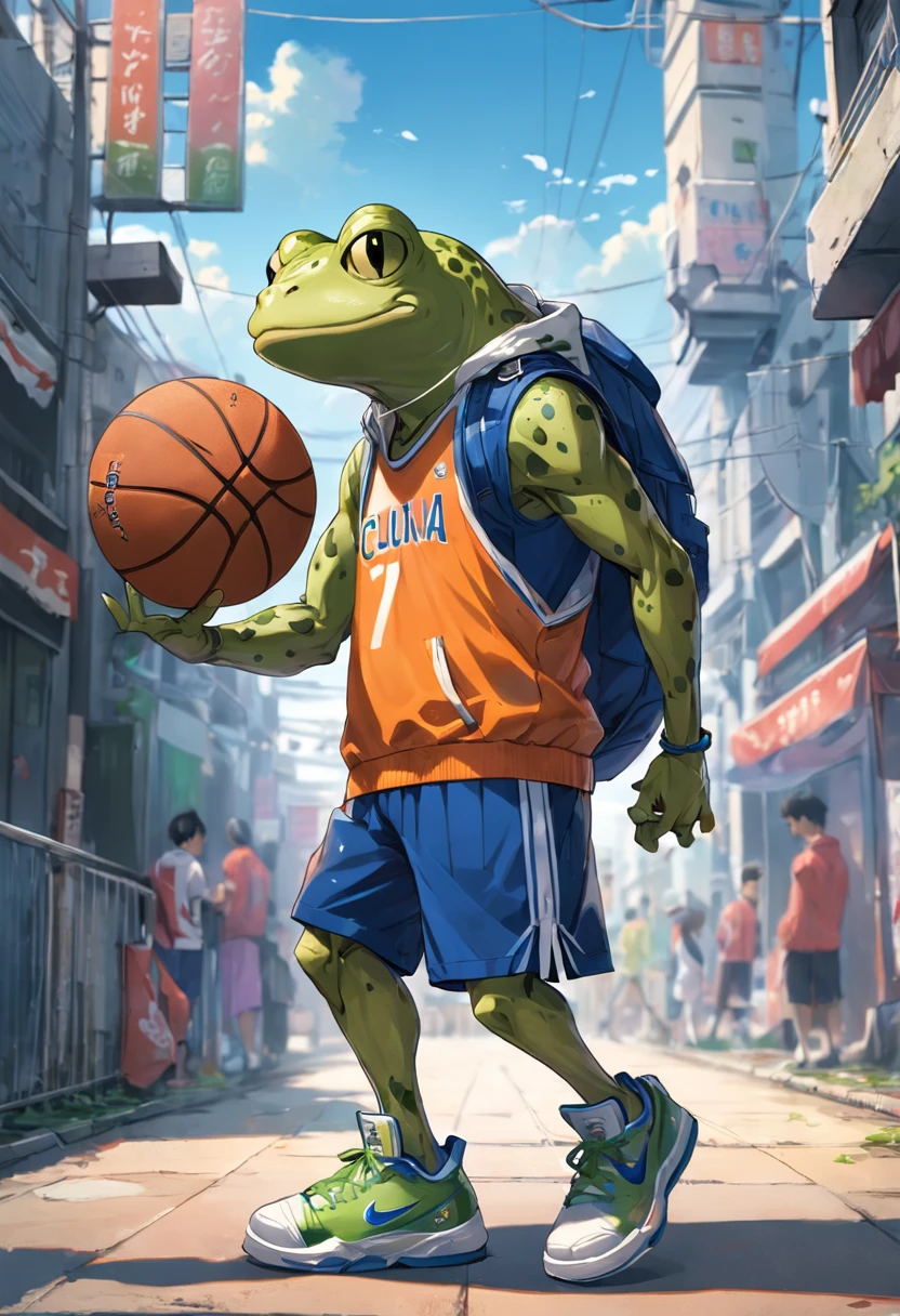 ((foto crua)), ((obra-prima)), Anthropomorphic humanoid frog wearing basketball clothes, basketball tennis, caminhando furiosamente entre as pessoas, detalhe intrincado, intricate Greebles pieces, city behind, corpo musculoso, muscular arms, small head, Ogro monstruoso, Titan, sneaker, soft-lighting, 32k, Hiper realista, The background details are exquisite,The scene is surreal,Create a charming graphic style
