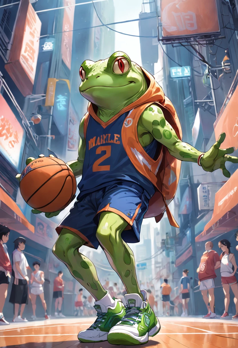 ((foto crua)), ((obra-prima)), Anthropomorphic humanoid frog wearing basketball clothes, basketball tennis, caminhando furiosamente entre as pessoas, detalhe intrincado, intricate Greebles pieces, city behind, corpo musculoso, muscular arms, small head, Ogro monstruoso, Titan, sneaker, soft-lighting, 32k, Hiper realista, The background details are exquisite,The scene is surreal,Create a charming graphic style