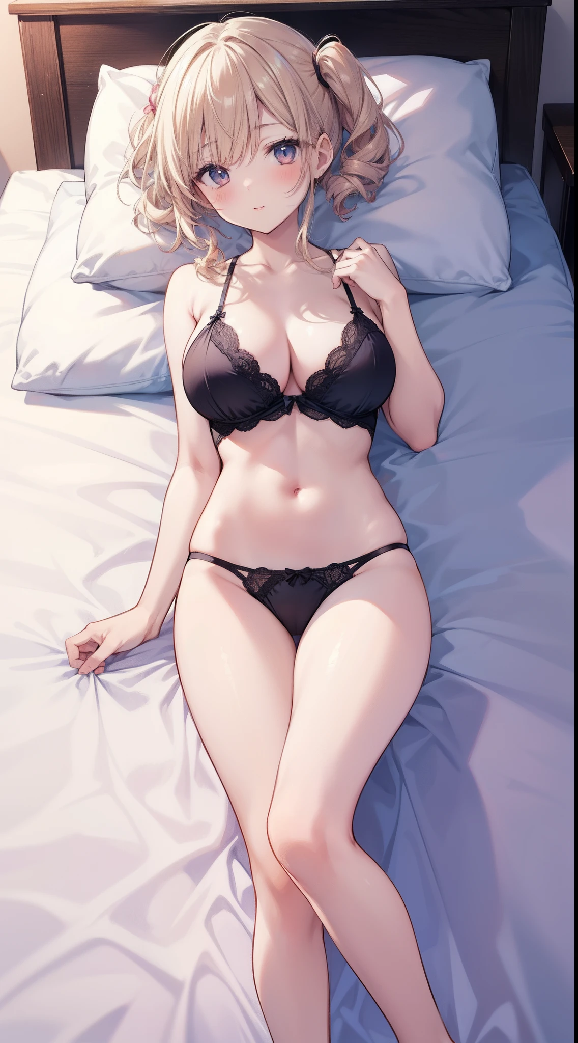 masutepiece、hight resolution、1girl in、in one's underwear only、Brown lingerie、large full breasts、Lying on your back in bed、Cute anime illustration、