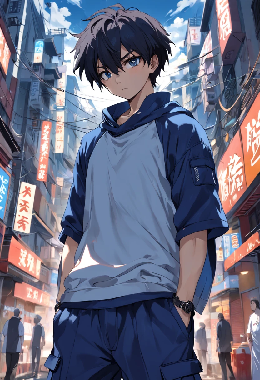 um guerreiro masculino muito bonito, cabelos curtos e brancos espetados, , olhos azuis, vestindo uma camiseta branca, dark blue baggy pants, luvas de couro,