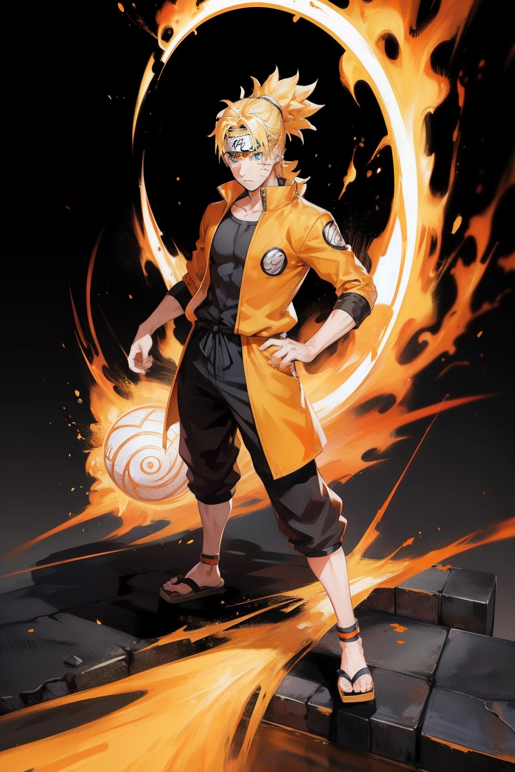 Japanese anime-style Naruto Uzumaki full body standing painting,Detailed depiction of the face，Stand alone in a vast empty scene,Staring ahead with a serious expression,eBlue eyes,Golden hedgehog hair,Wearing an orange jacket,The background is the Konoha Ninja Village,The sun shines,The lines and colors of the picture are clear and three-dimensional