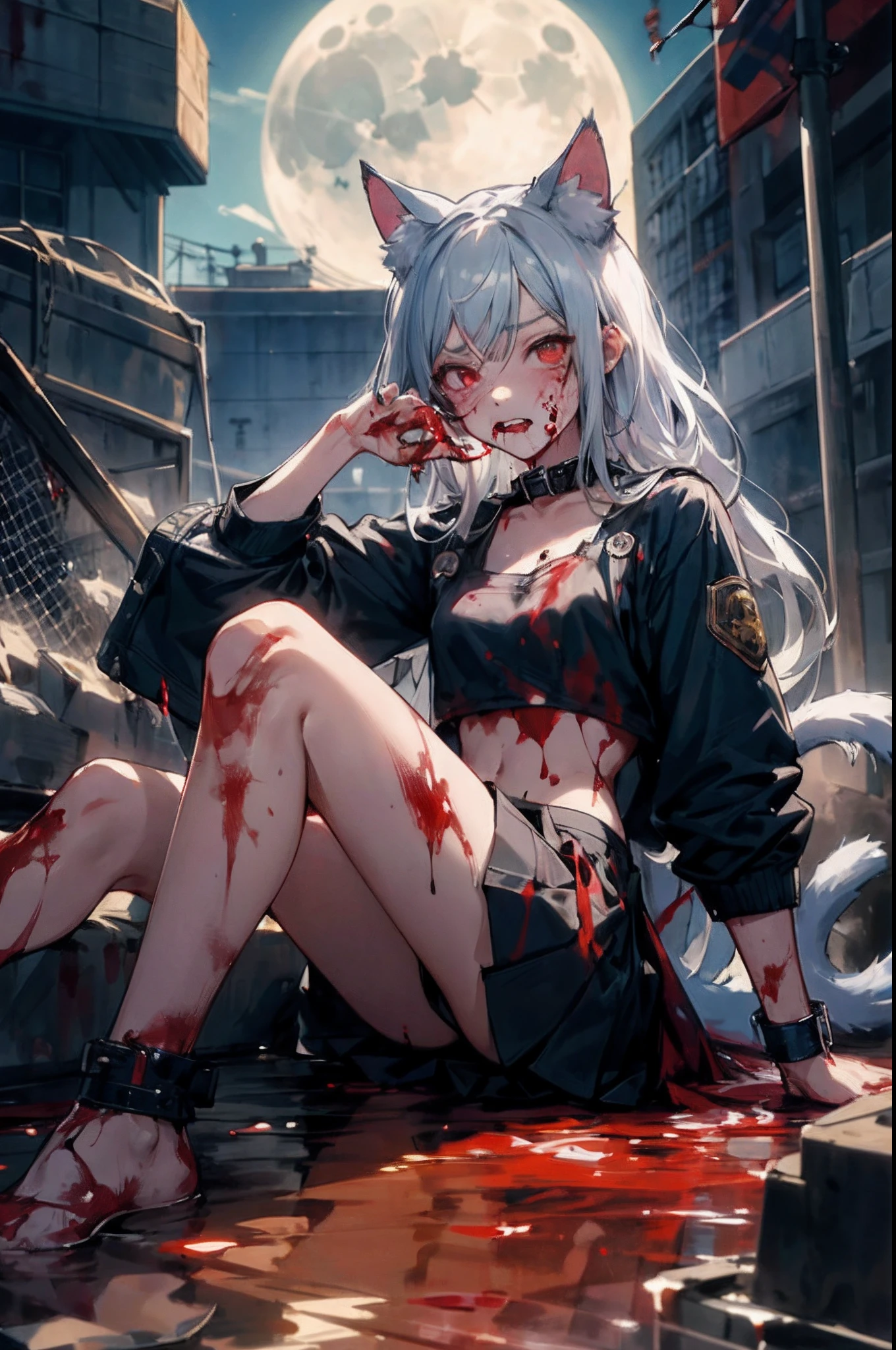 1girl, Modern prison, ((Dami.)),wound, Blouses, long hair, skirt, chained, sitting on the ground, collar, cat girl, cat ears, cat's tail, moonlight, dirty, Dirty clothes, detailed clothes,巨作, realistic lighting, glowing eyes,C.C.,PGR_moon,Commissioners,Blood, ((Bloody stream)), ((Blood_on_face))
