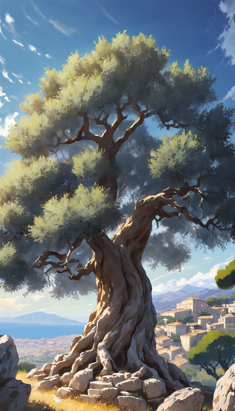 the oldest olive tree in the world standing next to a stone wall in Sicily, with strong backlight from the sun