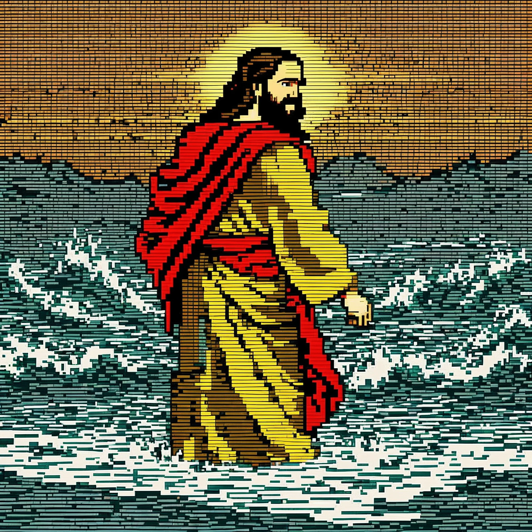 pixel art, pixels, 8 bits, pixelated, jesus walking in the seas --auto --s2