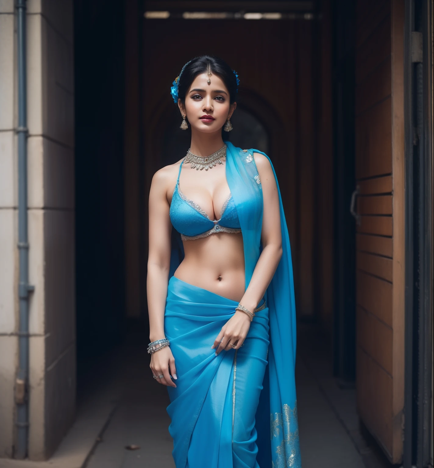 Big breast,blue saree,high details,8k,street background