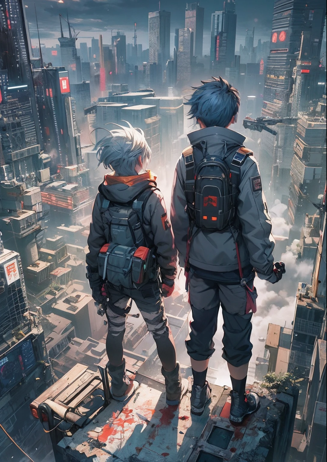 2boys,a 13 yo boy、twins,Cyberpunk Boy、katanas,machine gun、chainsaw,silber hair、Spiky hairstyle、Whole body bloody、Back lighting,The beginning of the adventure、Lots of clouds,heavy fog、Chaotic city of the future、ruined and devastated city、dystopian、A very complex group of Chinese buildings stands in the center、Highly complex Chinese buildings、Dim lighting、puddles、Chaotic landscape、Beautiful and fantastic scenery、Cinematic scenery、hightquality、masutepiece,8K、hight resolution、ultra-detailliert,
