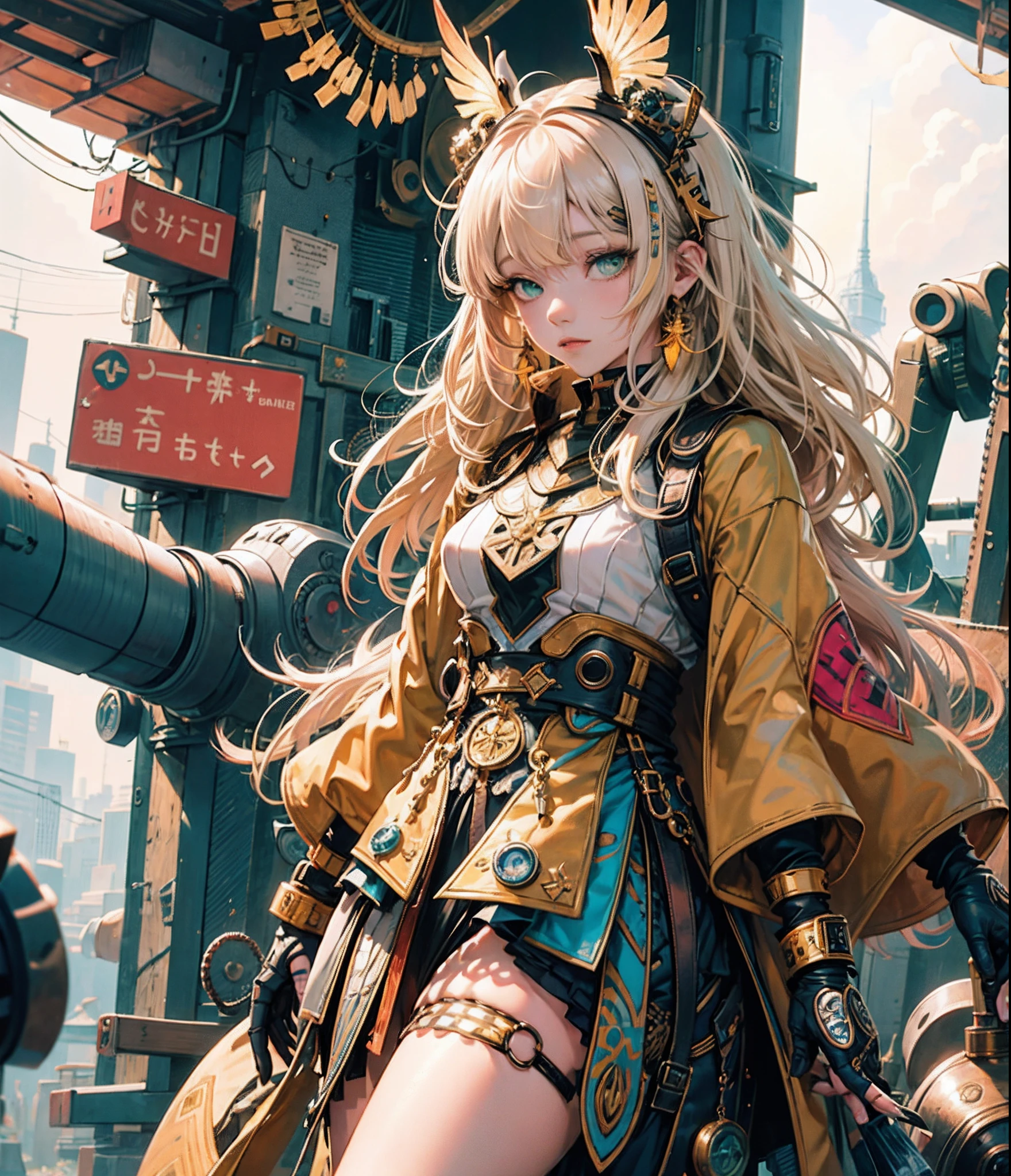 official art, unity 8k wallpaper, ultra detailed, beautiful and aesthetic, High quality, beautiful, masterpiece, best quality, (zentangle, mandala, tangle, entangle:0.6), flat color, limited palette, low contrast, 1girl, a cute girl, bright pastel colors, long platinum blonde hair, green eyes, bangs, hair bangs, bangs between eyes, best lighting