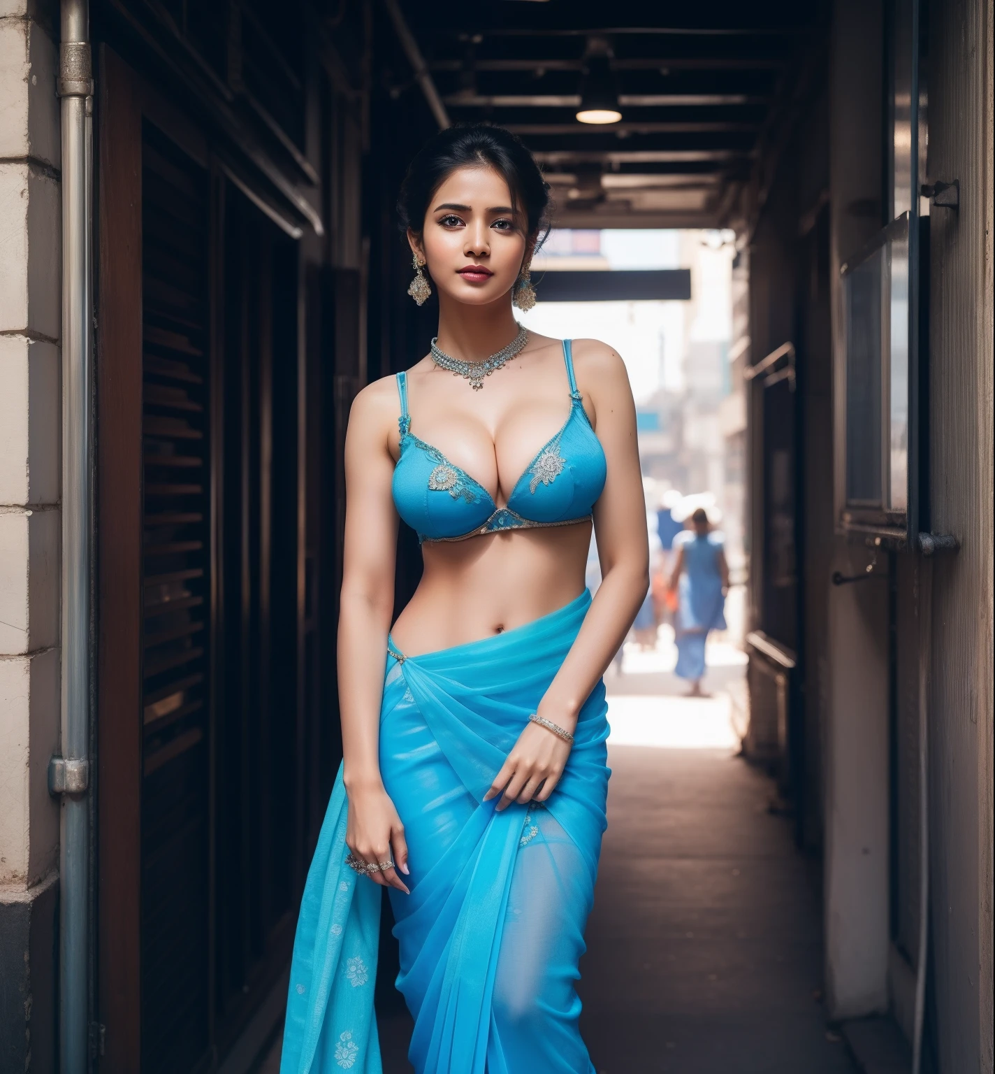 Big breast,blue saree,high details,8k,street background