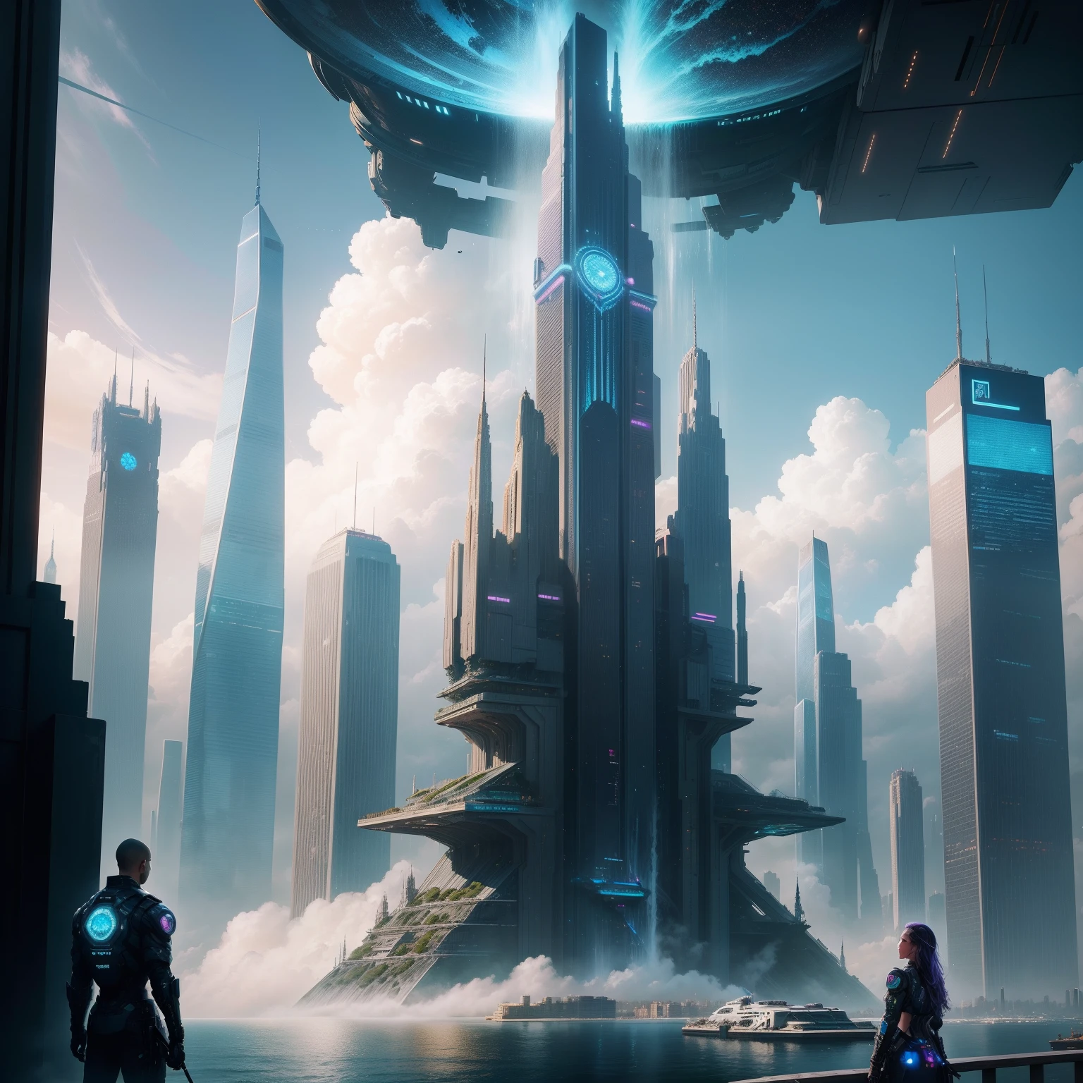 Views of the cyberpunk world of the harbor、SFA tall skyscraper piercing through an art cloud epcot dream Huge skyscrapers top-quality masterpiece 超A high resolution futuristic cities Super huge waterfall Huge construction