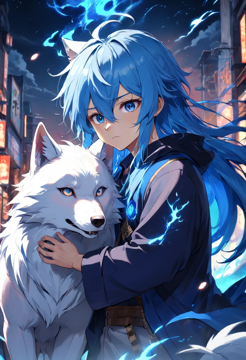 A boy with blue hair who spells magic and summons a White Wolf
