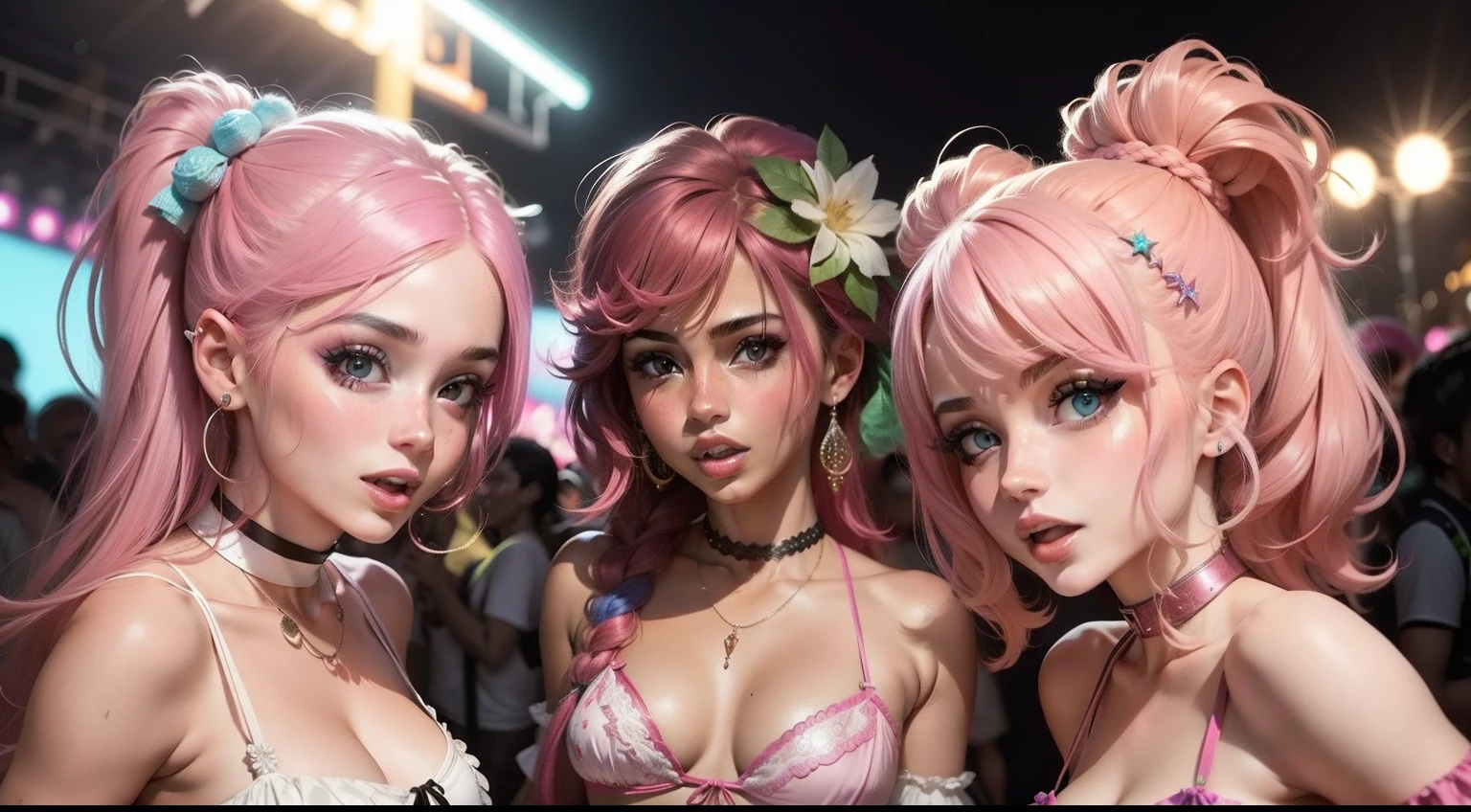"Preciso de uma imagem de uma mulher ocidental loira se divertindo em uma festa rave, com roupas ousadas e cabelos cor-de-rosa."