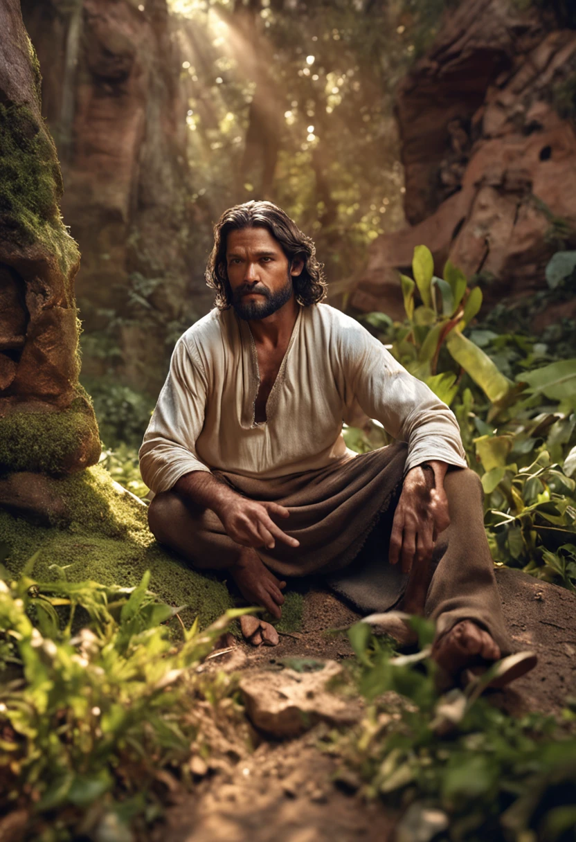 homem de joelhos olhando para jesus Cristo, realistic, poster, 3d,
