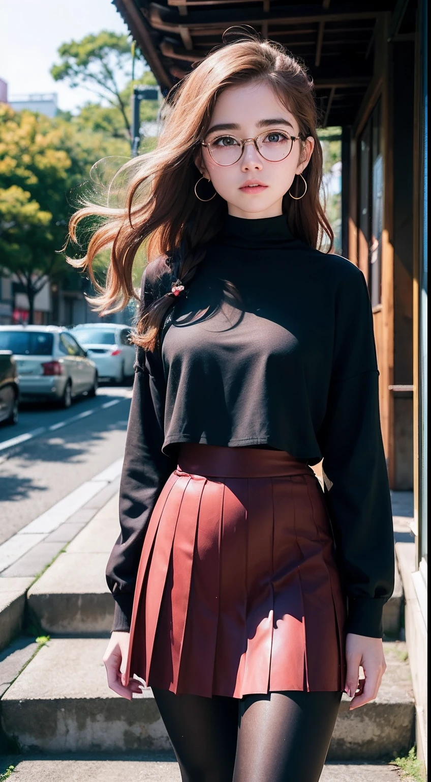 Beautiful young Kiernan Shipka, very realistic detailed face, 14 years old, very fair skin, glasses, large drop earrings, high neck blouse, pleated skirt, dark leggings, morning sun, hyperrealistic, model body, small breasts, long hair , wavy hair, red hair tips, long legs, 8k, 超High resolution, best quality, city in Japan, Tokyo, RAW portrait, photorealistic, cherry blossom, ambient lighting, detailed shadows, camera focus on genitalia, tilting up forward, strong wind, fog, on stairs, low camera facing up