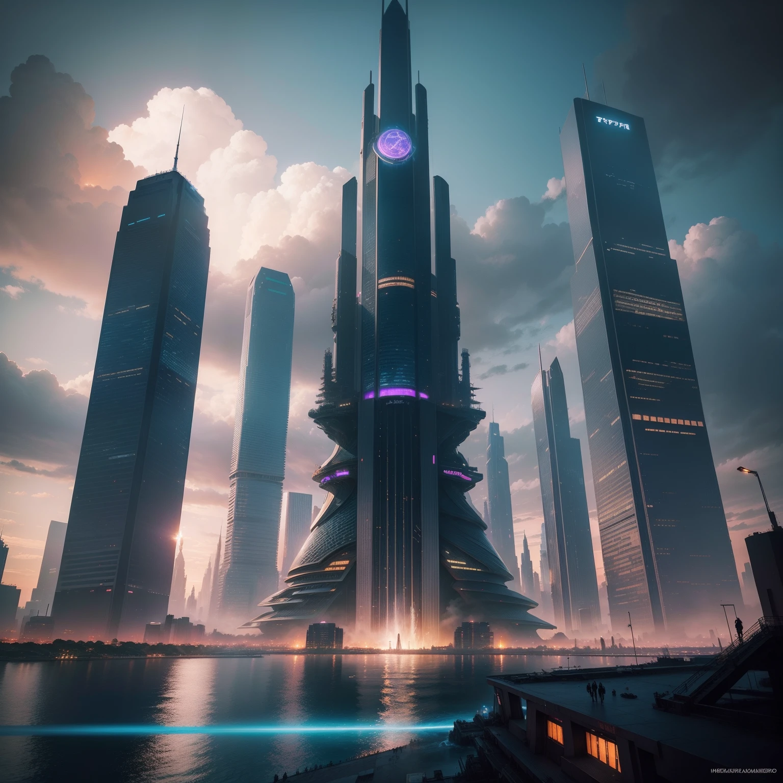 Views of the cyberpunk world of the harbor、ＳＦA tall skyscraper piercing through an art cloud　epcot　dream　Huge skyscrapers　top-quality　​masterpiece　超A high resolution　futuristic cities　Super huge waterfall　Huge construction