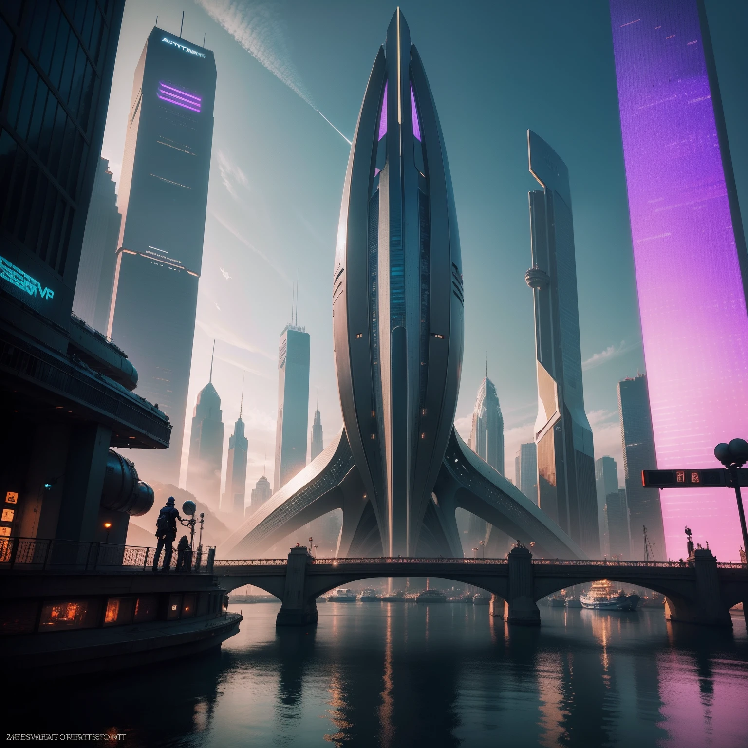 Views of the cyberpunk world of the harbor、SFart by epcot dream Huge skyscrapers top-quality masterpiece 超A high resolution futuristic cities