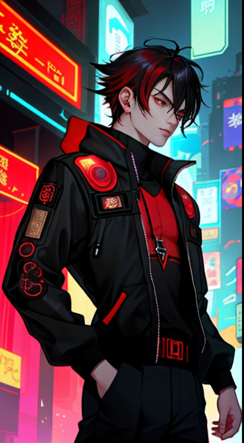 Cyberpunk Taoist,younge boy,red color eyes,decadent,exhaustion,full bodyesbian