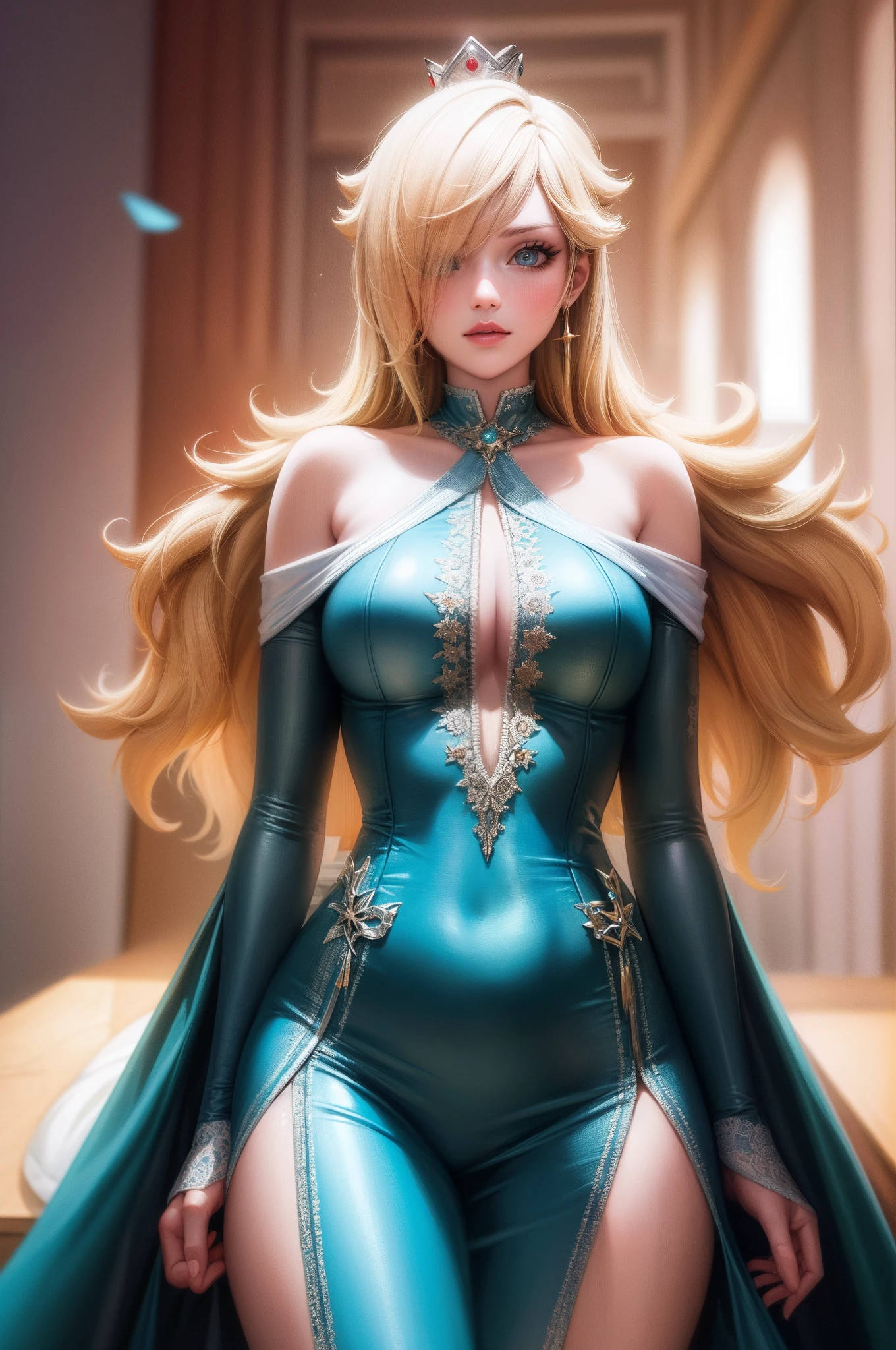 perfect eyes:1.2, detailed eyes:1.4, ros1-000020, sexy, 1girl, long aqua dress, crown, Ultra-realistic 8K CG, ((ultra-detailed background, delicate pattern, intricate details)), best quality, intricate details, 1girl, solo, (masterpiece:1.6, best quality), (masterpiece, best quality:1.2), 8k, insane details, intricate details, hyperdetailed, hyper quality, high detail, ultra detailed, professional, HDR, realistic, ray tracing reflection, cinematic lighting, ornate,