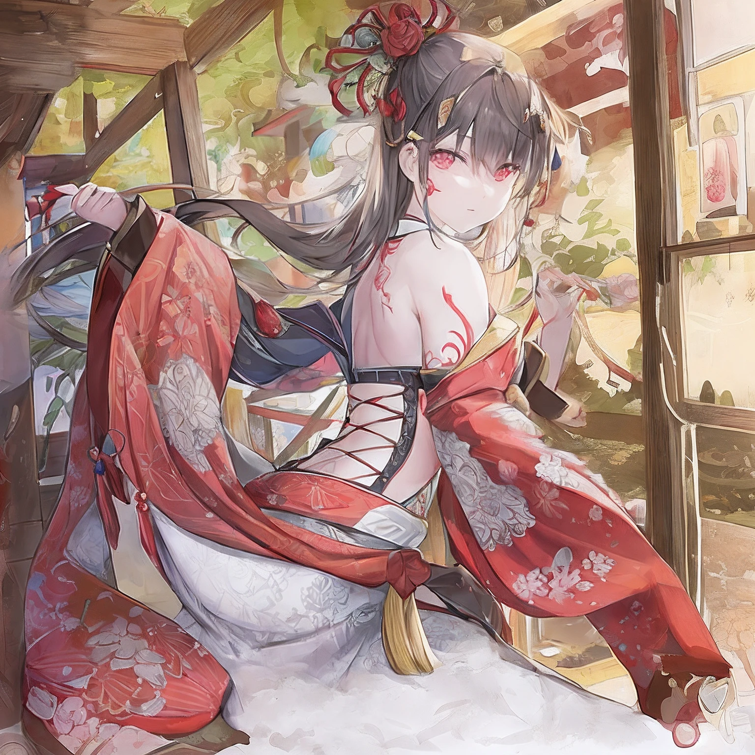 Watercolor painting without outlines, delicate watercolor painting that seems about to crumble. Yoshiwara, red-light district, courtesan, tattoos, slender, , watercolor painting, vibrant saturation, omitting outlines, numerous tattoos, full back tattoo, thigh tattoos, sad expression, unfortunate, red eyes, lowered gaze, plump cheeks, innocent, girl, Japanese, 170 centimeters tall, 25 kilograms in weight, fair skin.Wooden Architecture: Brothel buildings were constructed using wood and incorporated traditional Japanese architectural styles. Roofs were commonly covered with tiles, and they featured the traditional roof shapes of Japan. Grand Entrances: The entrances of these buildings were elaborately decorated, often adorned with lavish embellishments. Lanterns and banners were used to attract attention to the establishment. Lattice Doors and Shoji Screens: Windows and doors were fitted with lattice doors and shoji screens, making it difficult to see inside from outside. This design ensured privacy and discretion. Interior Design: The interiors of the buildings were opulently adorned. The individual rooms for clients were partitioned with tatami-covered floors and shoji screens, featuring a characteristic Japanese-style decor. Gardens: Some brothels included small gardens where clients and courtesans could enjoy peaceful moments together. Signs and Curtains: Signs and curtains with the brothel's name and business information were hung outside the building. These helped passersby and customers identify the establishment. Please note that the historical context and cultural practices surrounding brothels have evolved over time, and the translation provided is based on the provided information.Blood puddle - Horror - Tatami mat soaked in blood stains - Night - Sorrowful expression - Lowered gaze - Pale-colored eyes."Grisly with Blood - Ukiyo-e - Blood - Tattoo - Woman with Tattoos - Full-body Tattoos - Yokai - Horror - Scary - Eerie - Creepy - Fear."she
